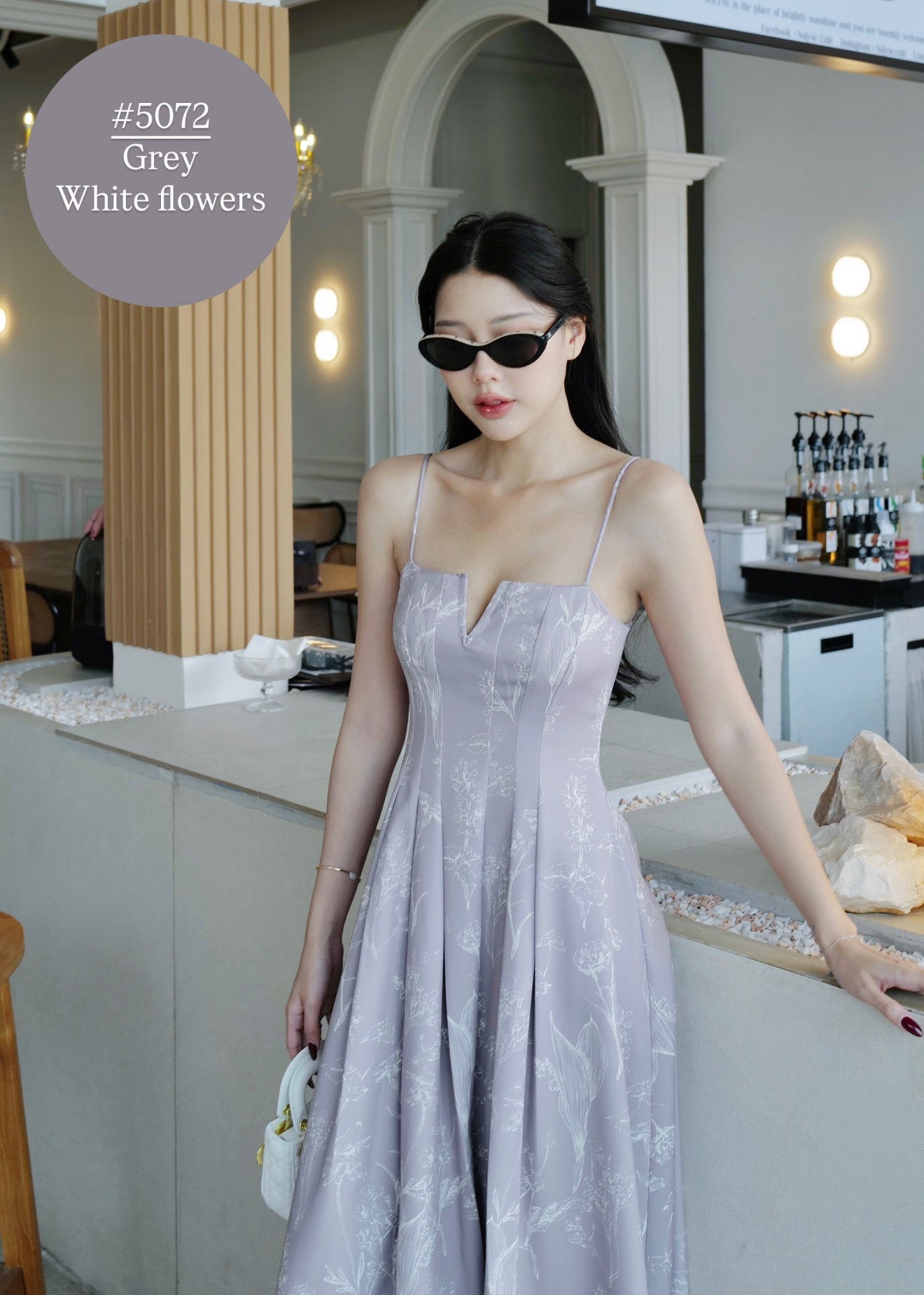 5072 Long Dress In Grey/ White Flowers