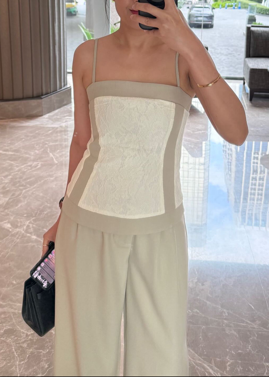 PLN Lace Trim Camisole Set In Beige