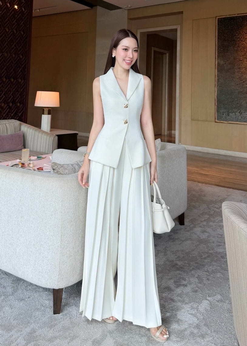 COMIMG SOON / ADR Sleeveless V Neck Top With Pleated Pant Set In Cream