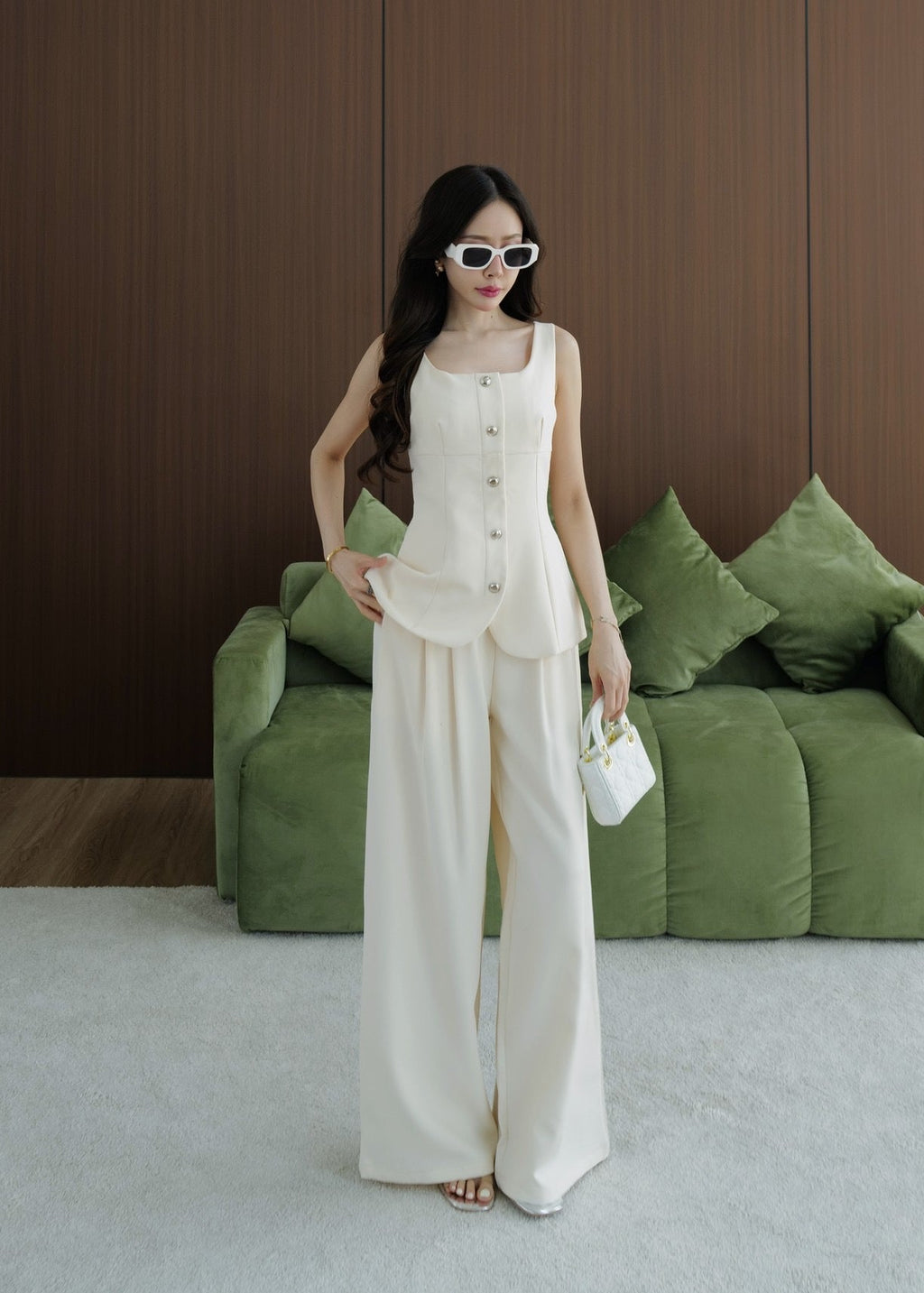 5809 Sleeveless Top & Pants Set In Cream