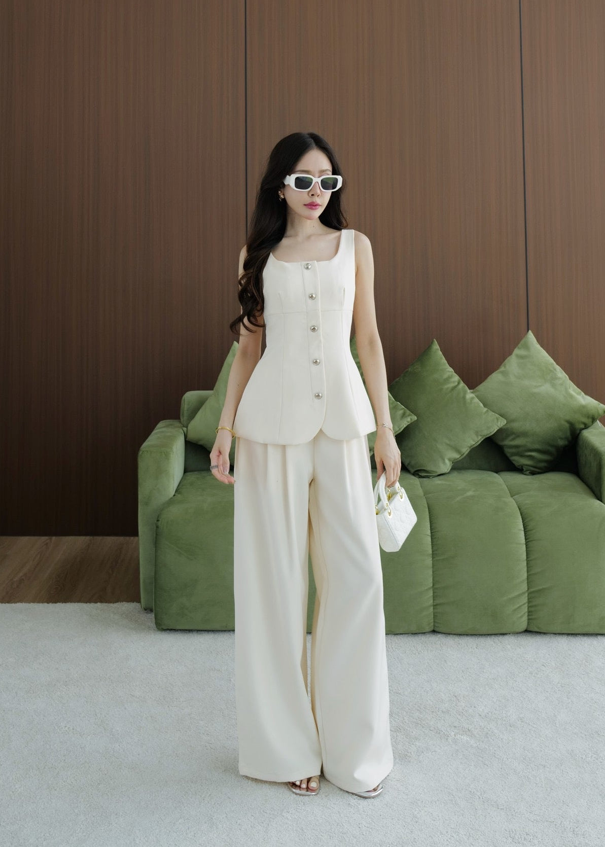 5809 Sleeveless Top & Pants Set In Cream