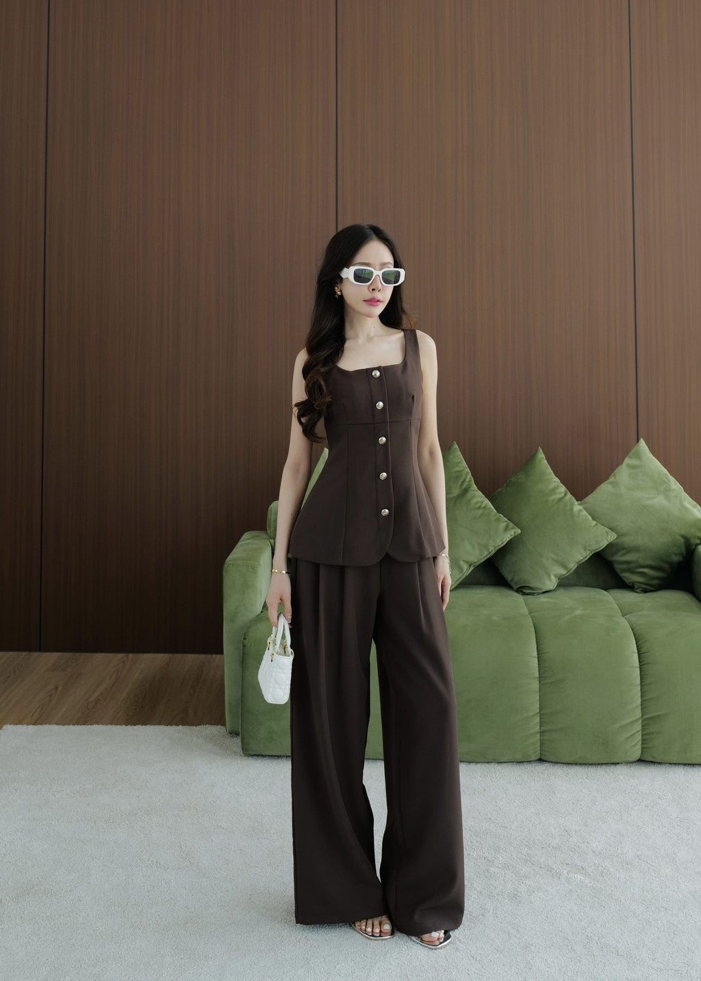 5809 Sleeveless Top & Pants Set In Brown