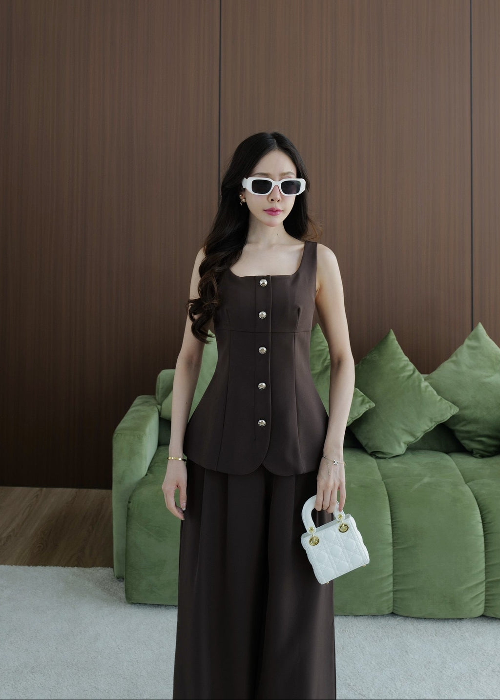 5809 Sleeveless Top & Pants Set In Brown