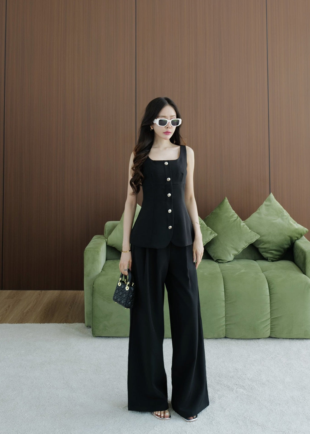 5809 Sleeveless Top & Pants Set In Black