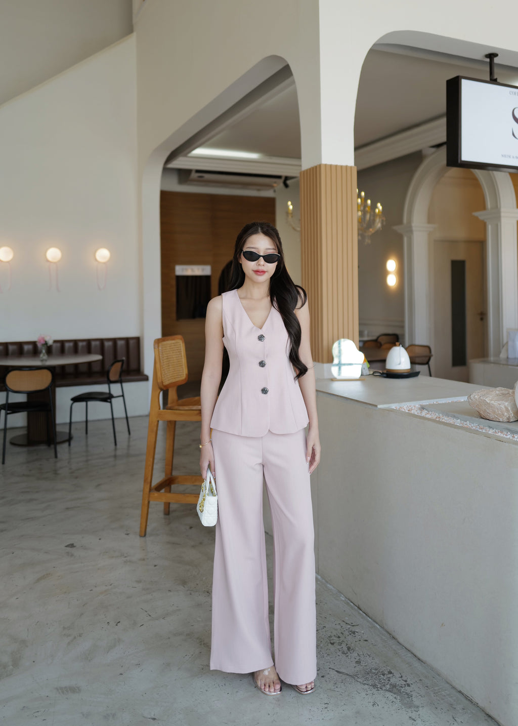 4790 Sleeveless V-neck Waistcoat Set In Pink