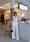 4790 Sleeveless V-Neck Waistcoat Set In White