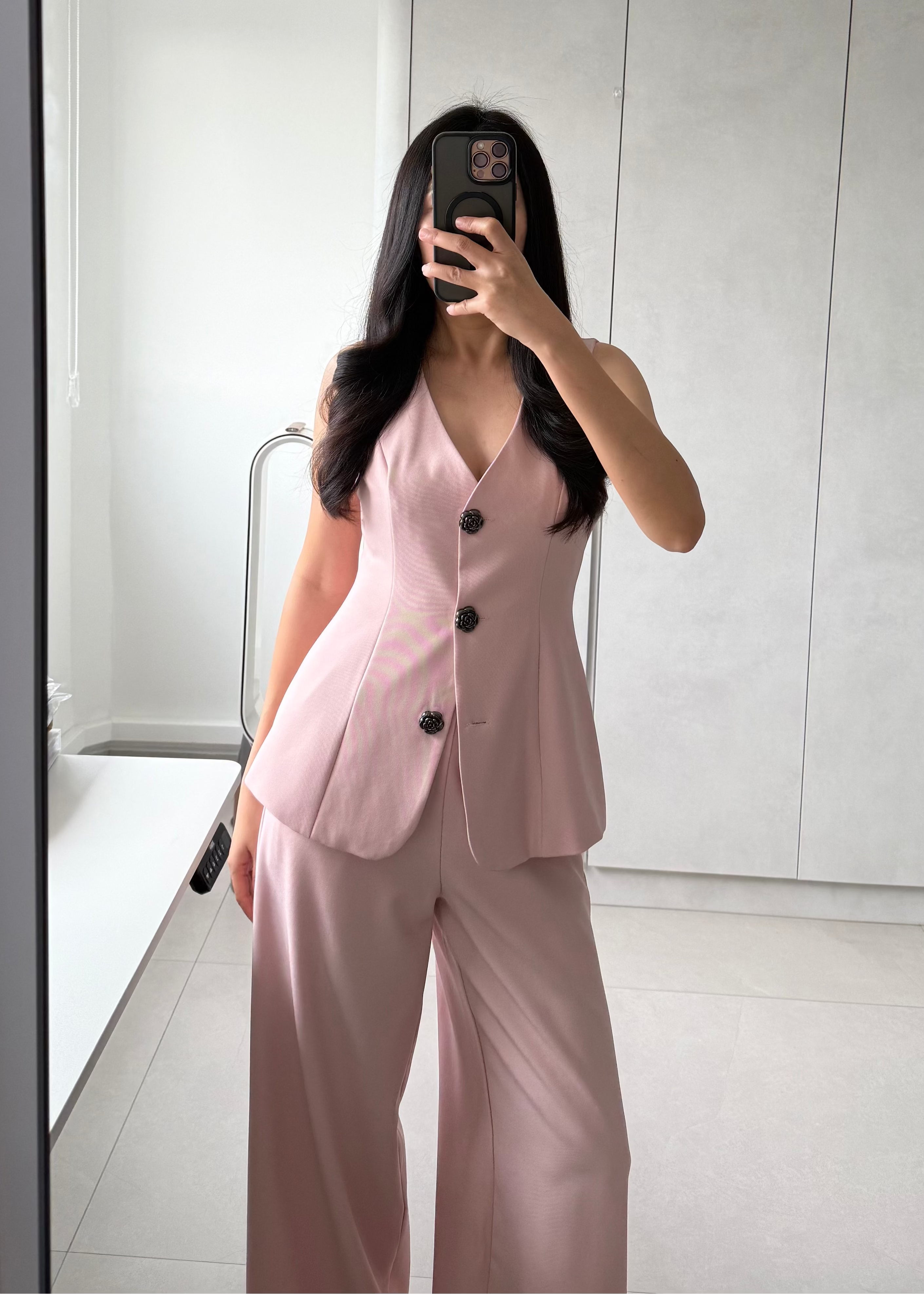 4790 Sleeveless V-neck Waistcoat Set In Pink