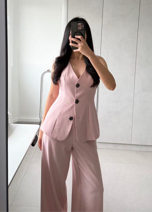4790 Sleeveless V-neck Waistcoat Set In Pink