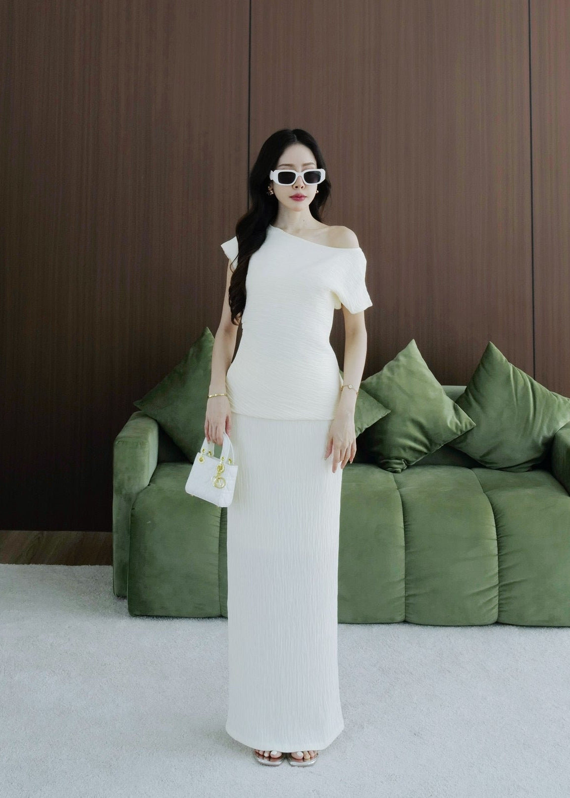 8007 Asymmetrical Off-Shoulder Set In Cream