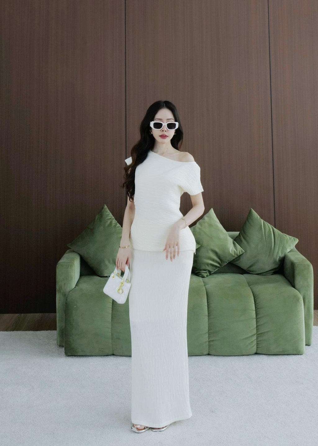 8007 Asymmetrical Off-Shoulder Set In Cream
