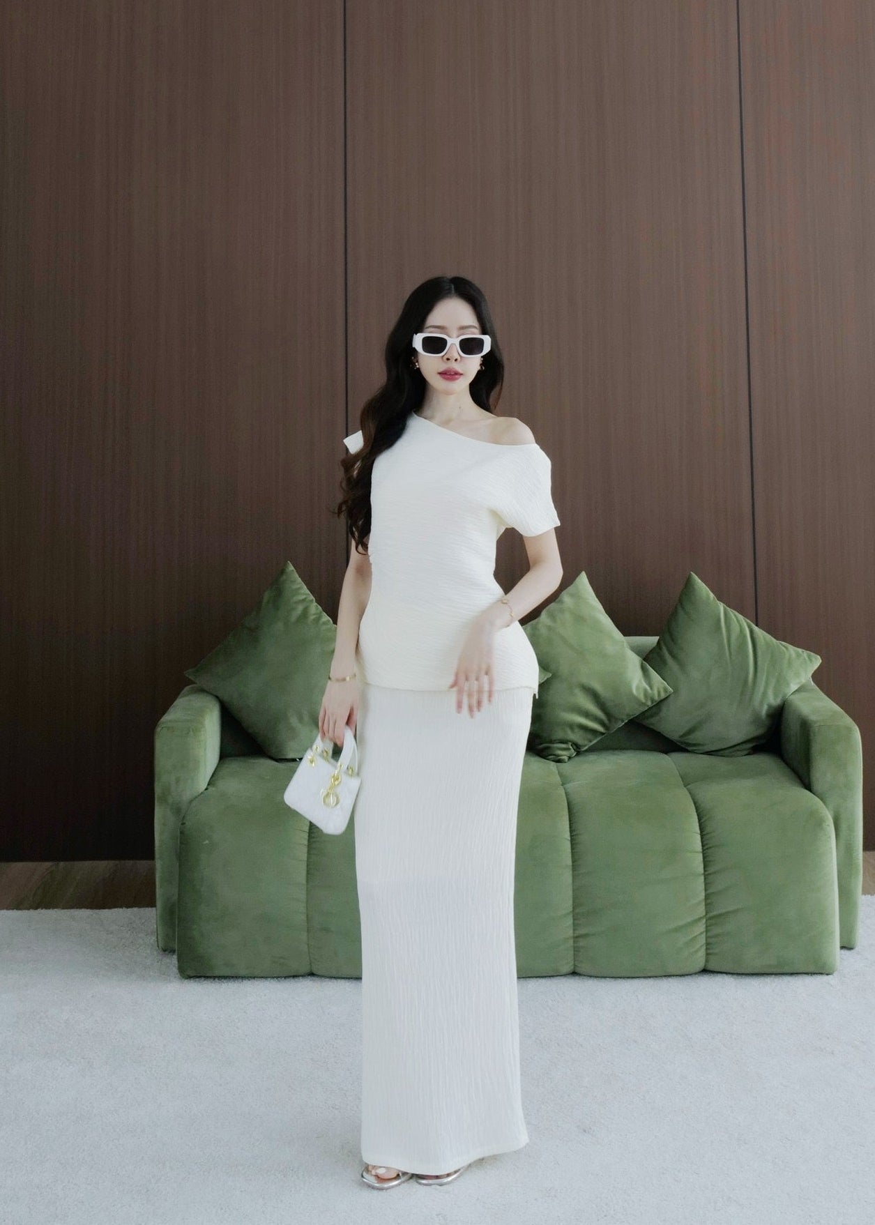 8007 Asymmetrical Off-Shoulder Set In Cream
