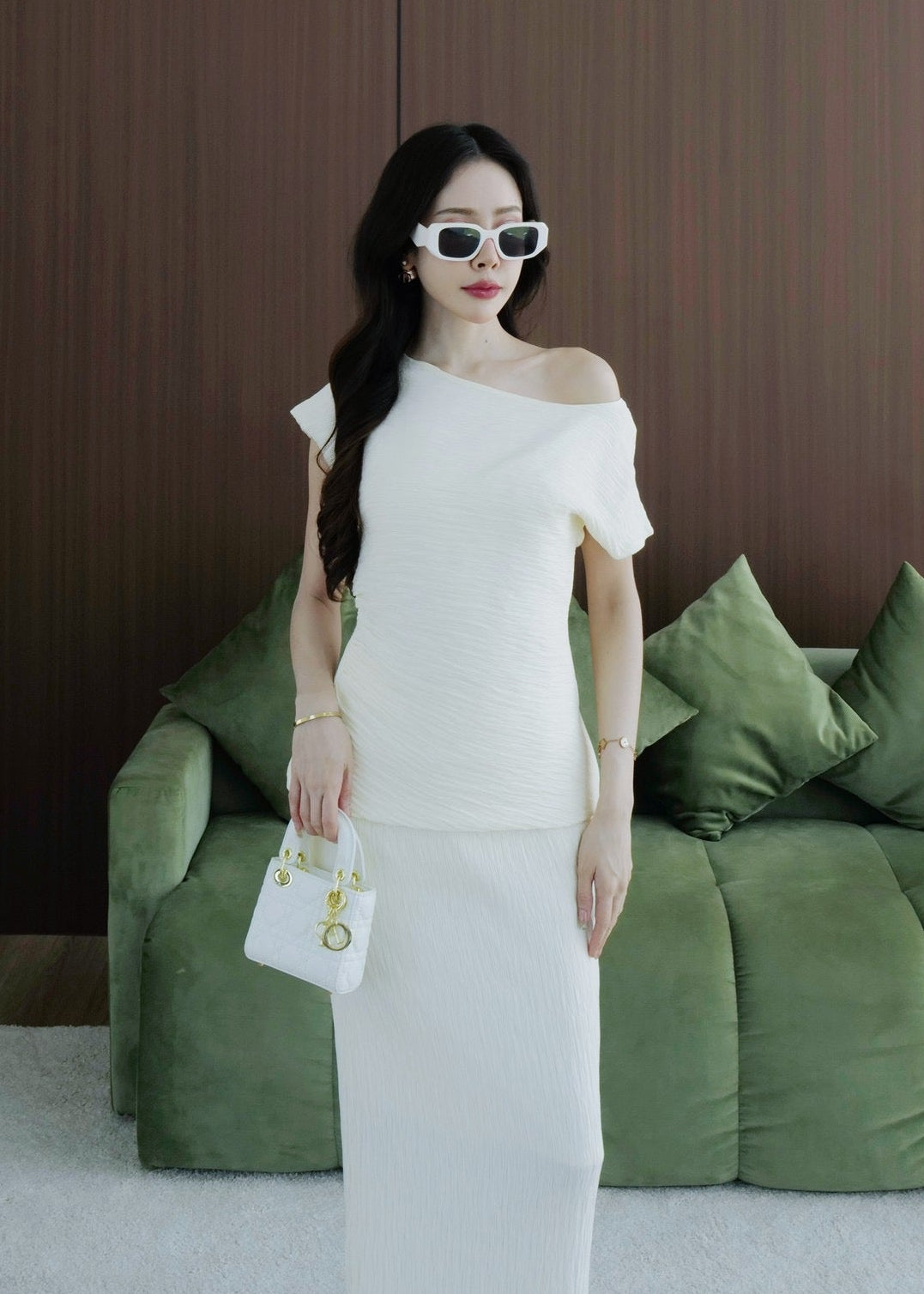 8007 Asymmetrical Off-Shoulder Set In Cream