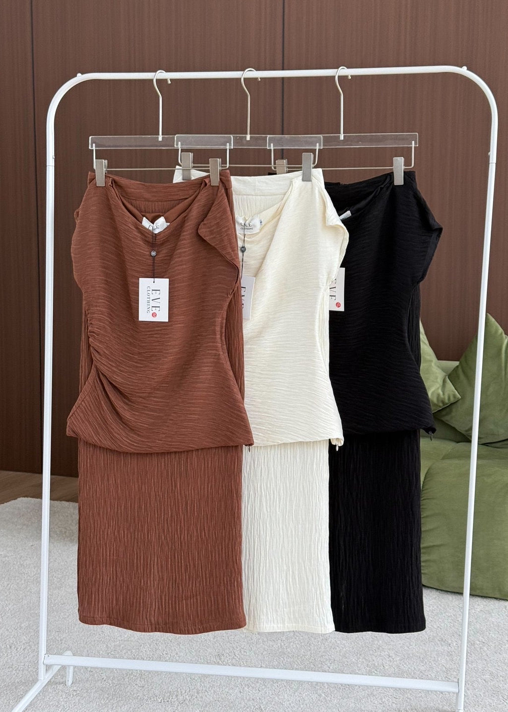 8007 Asymmetrical Off-Shoulder Set In Brown