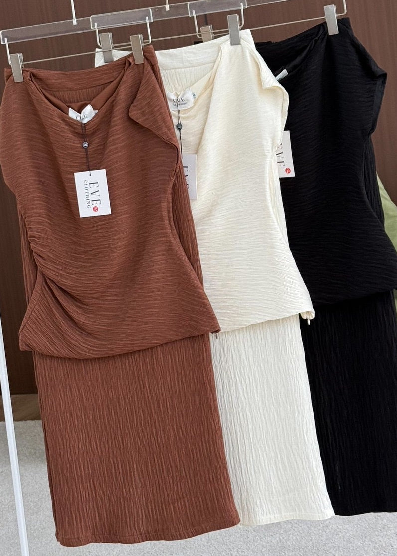 8007 Asymmetrical Off-Shoulder Set In Brown