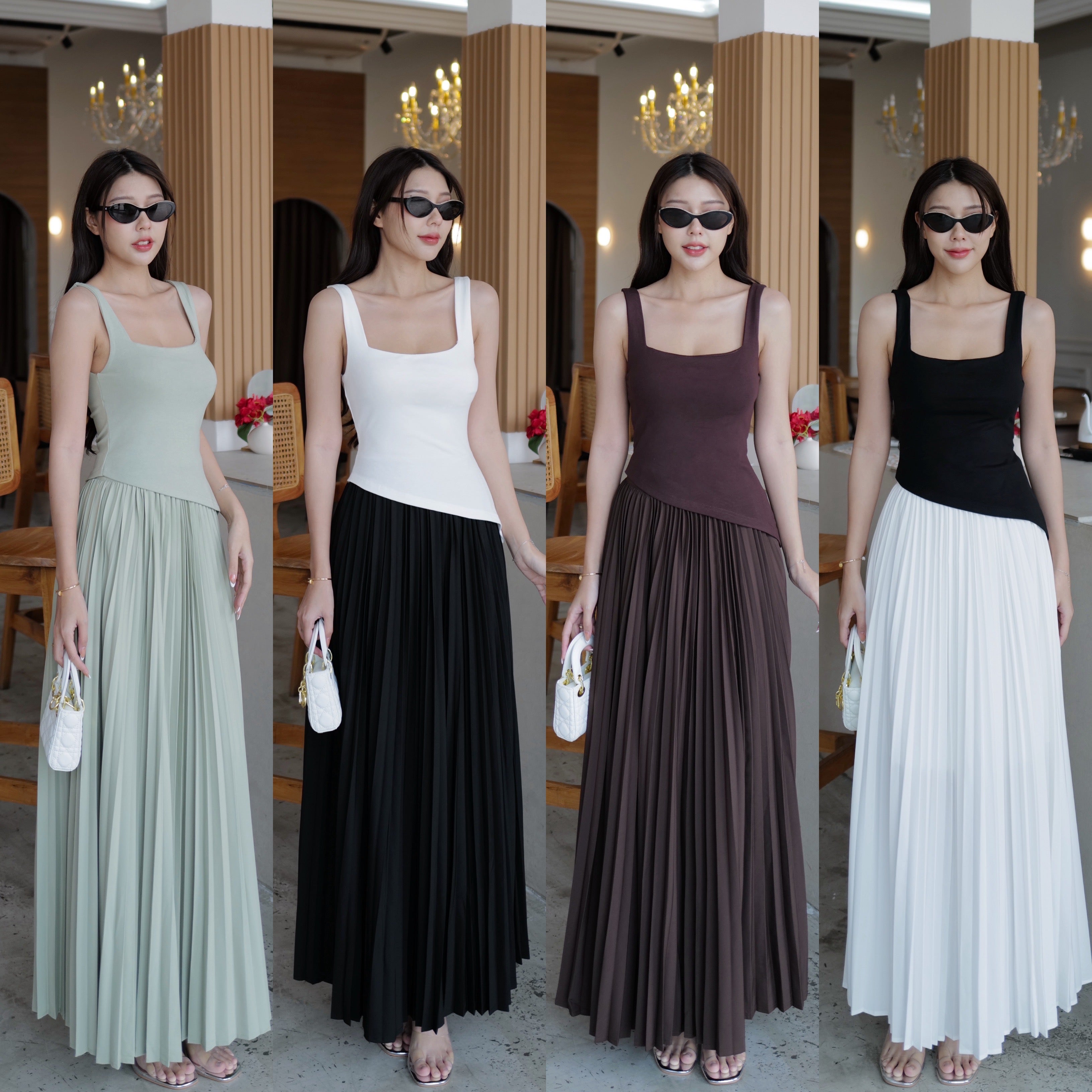 9852 Asymmetrical Tank Top & High Waist Pleated Skirt In White(Top) Black(Skirt)