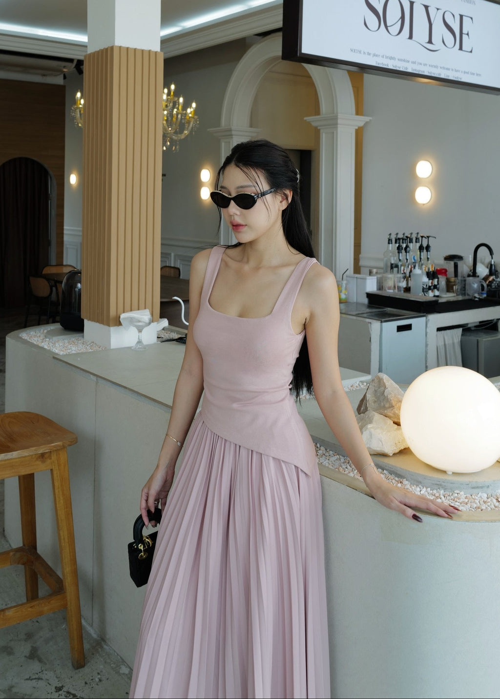 9852 Asymmetrical Tank Top & High Waist Pleated Skirt In Pink