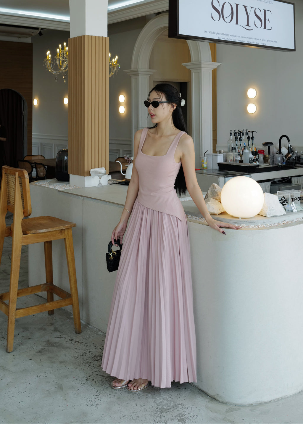 9852 Asymmetrical Tank Top & High Waist Pleated Skirt In Pink