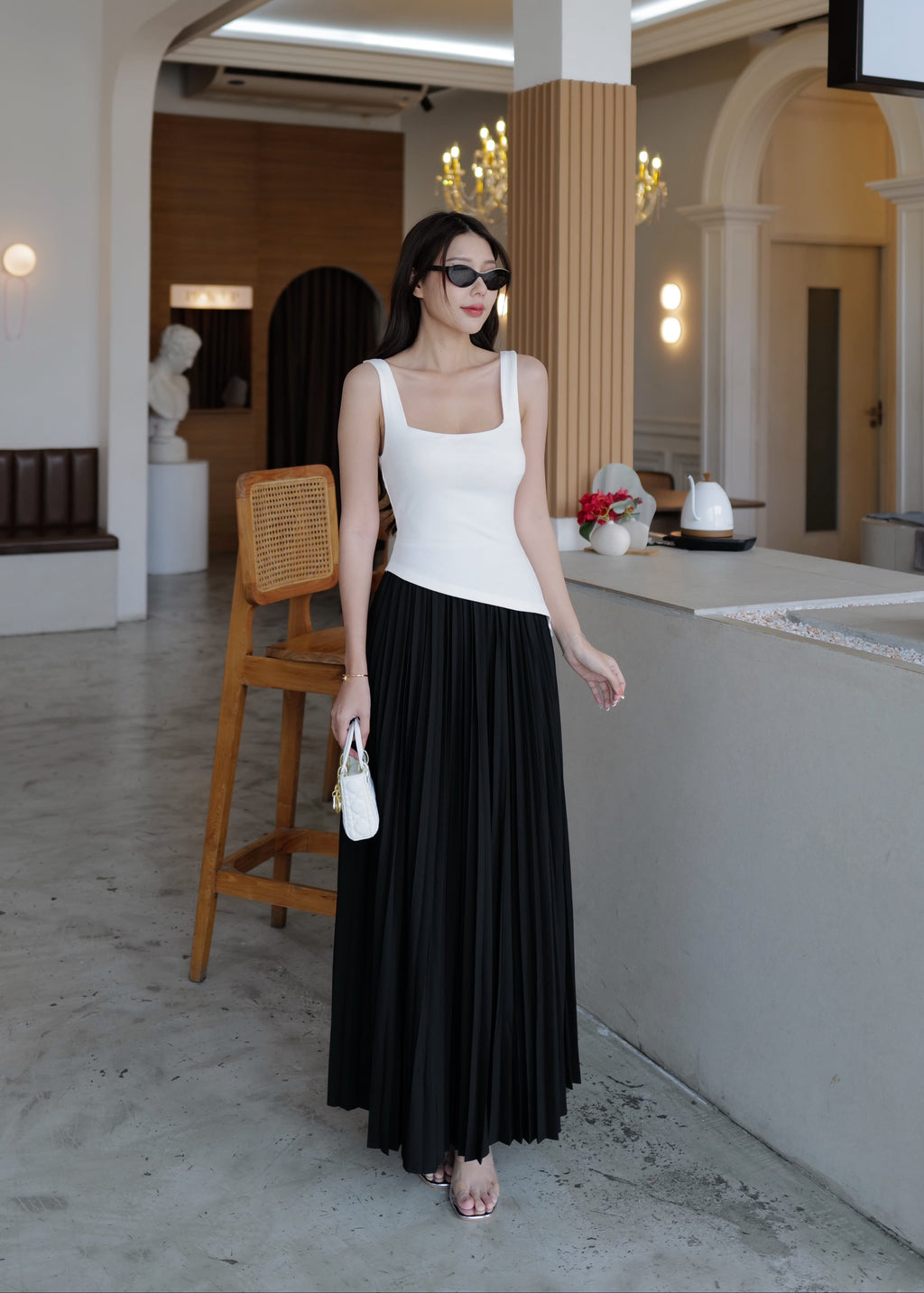 9852 Asymmetrical Tank Top & High Waist Pleated Skirt In White(Top) Black(Skirt)
