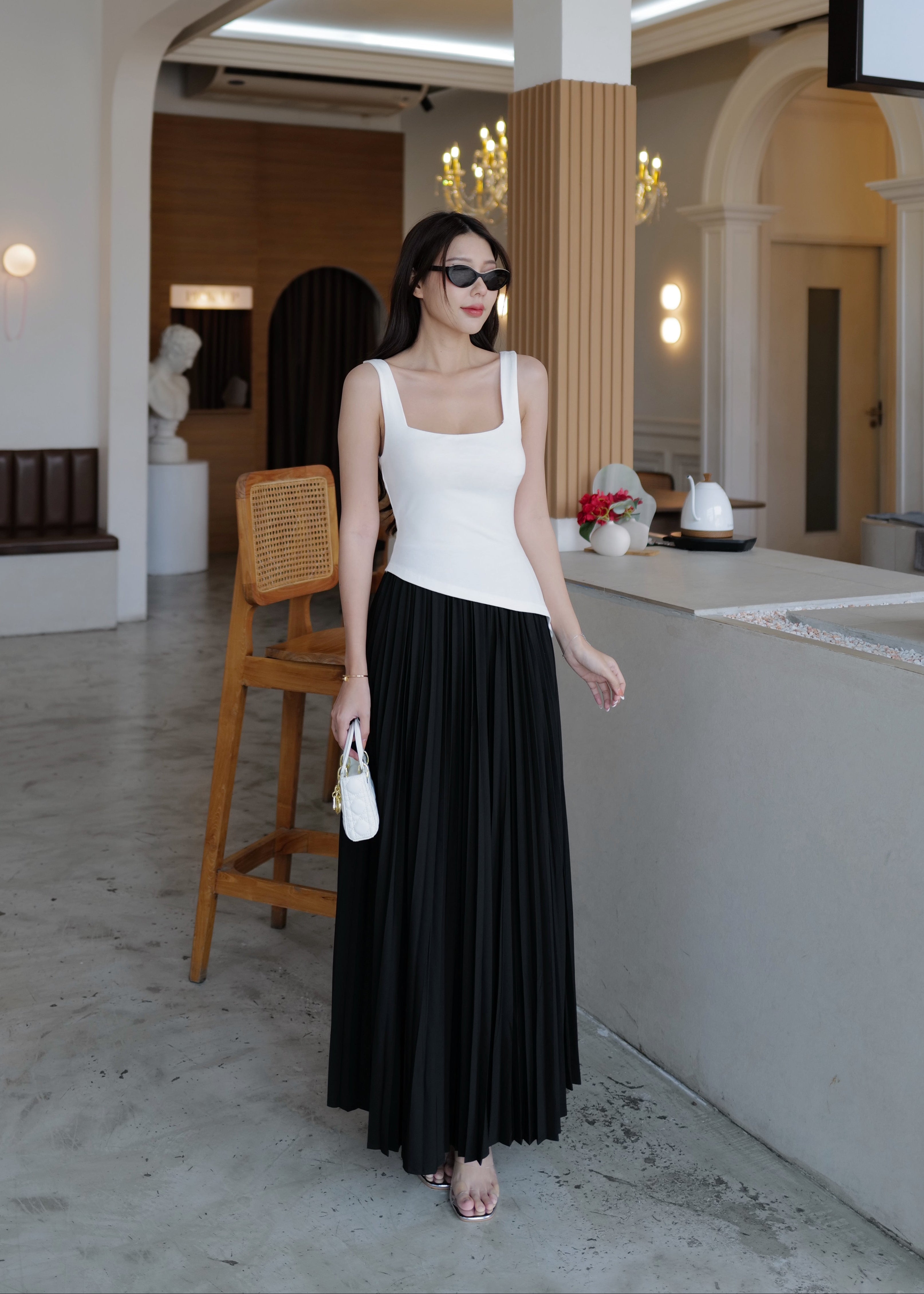 9852 Asymmetrical Tank Top & High Waist Pleated Skirt In White(Top) Black(Skirt)