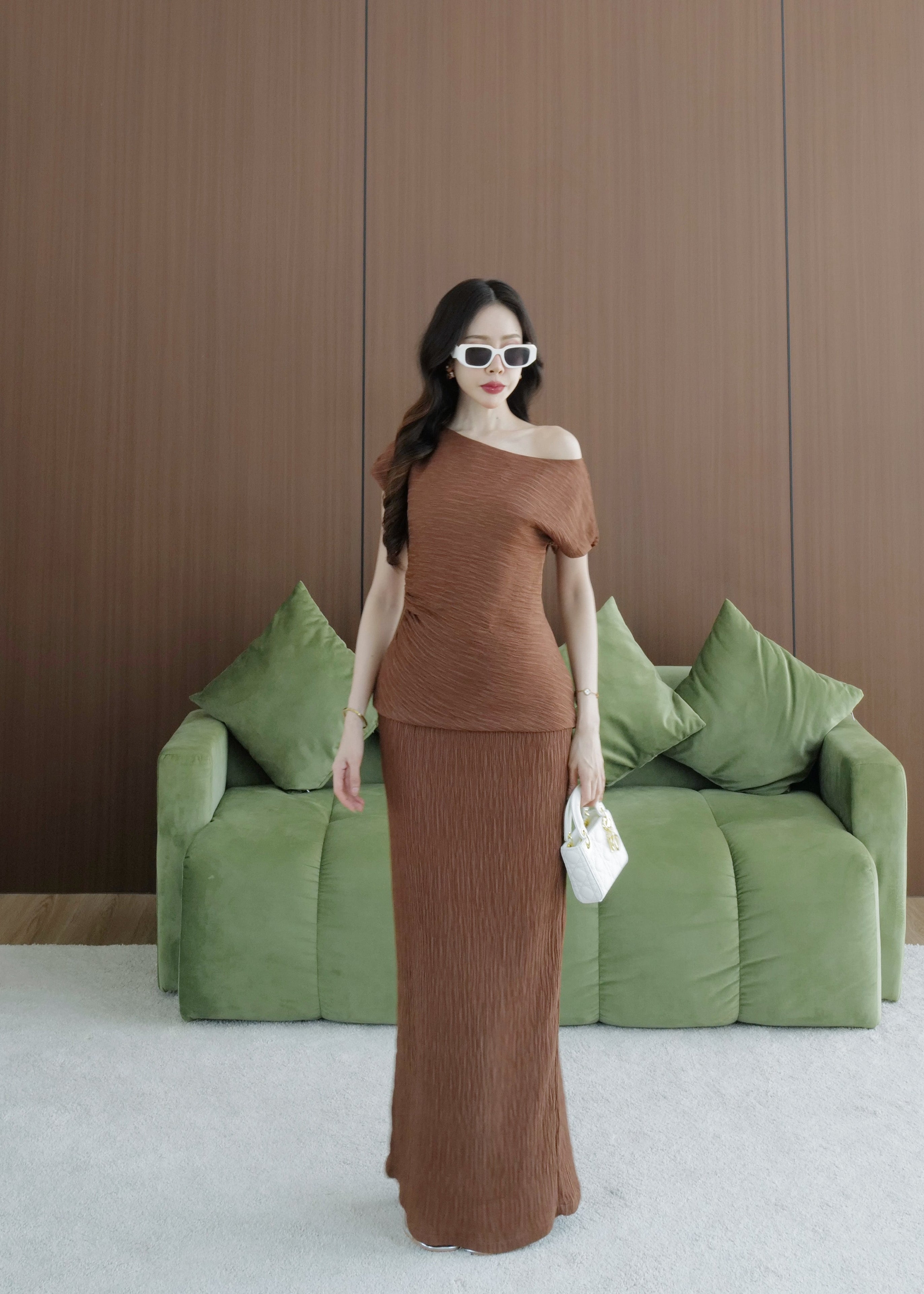 8007 Asymmetrical Off-Shoulder Set In Brown