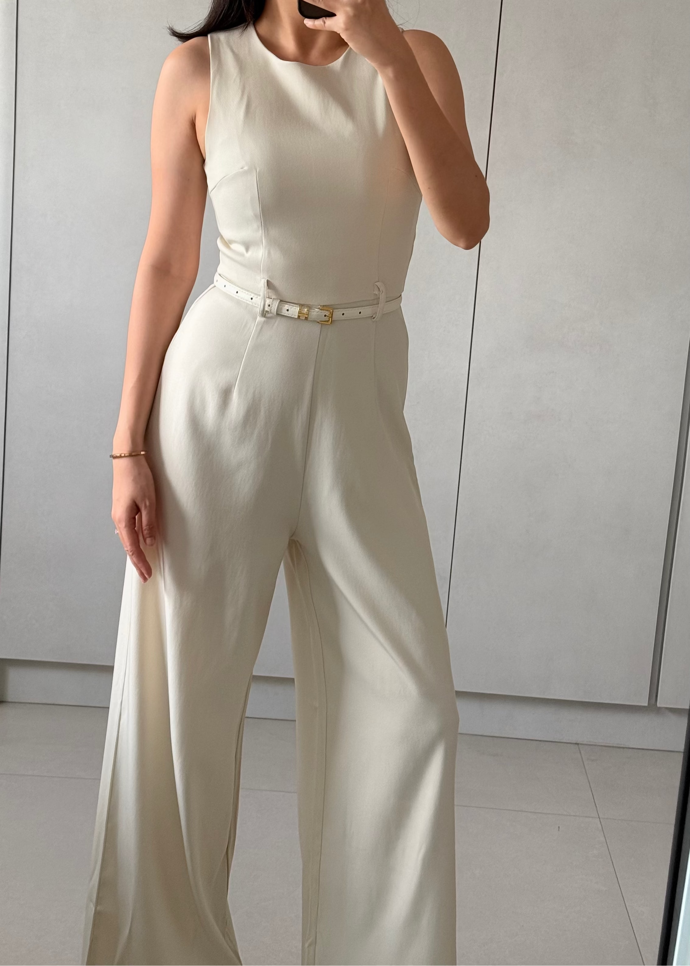 9697 Sleeveless Jumpsuit With Belt In Light Beige