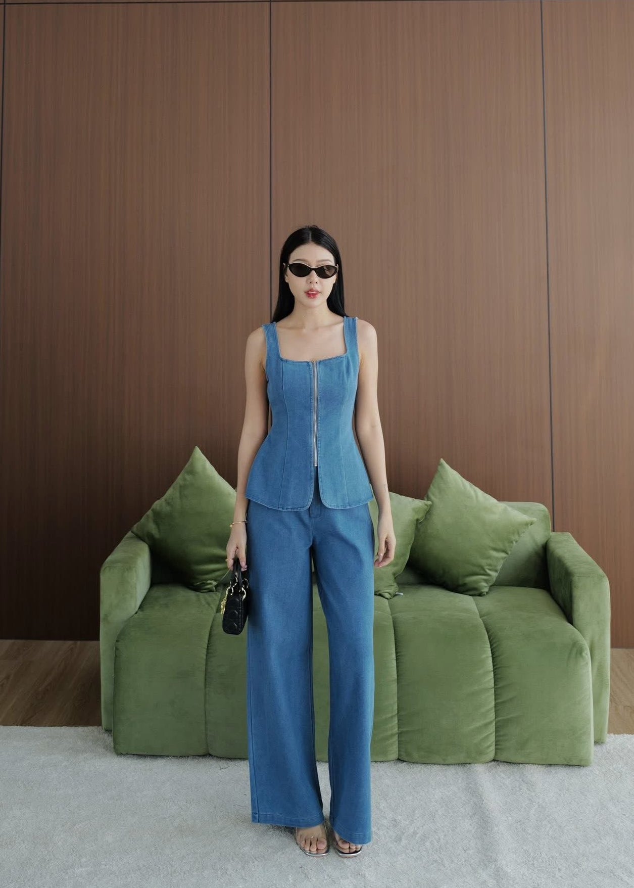 5694 Square Neckline Denim Top Set In Light Blue