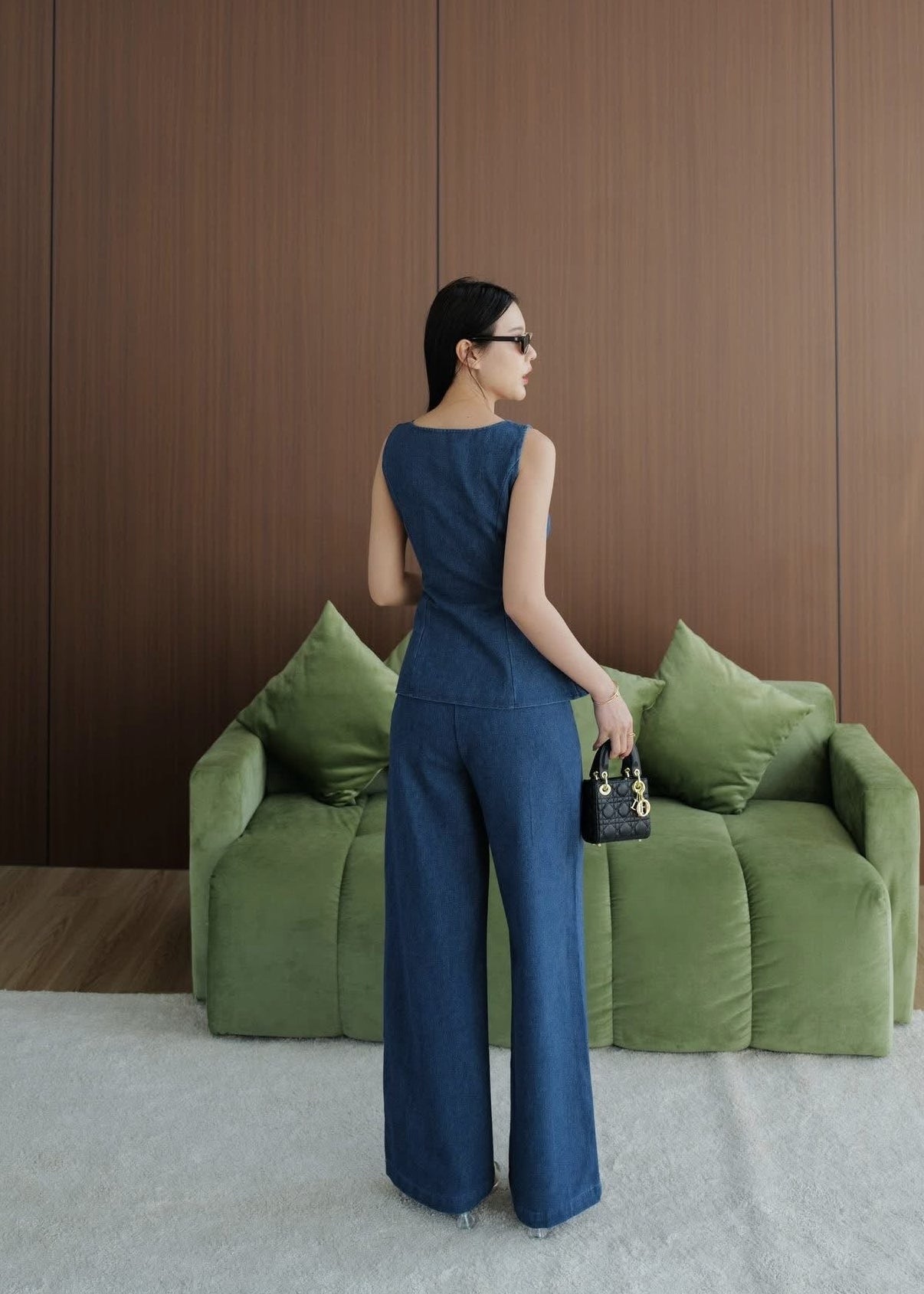 5694 Square Neckline Denim Top Set In Dark Blue