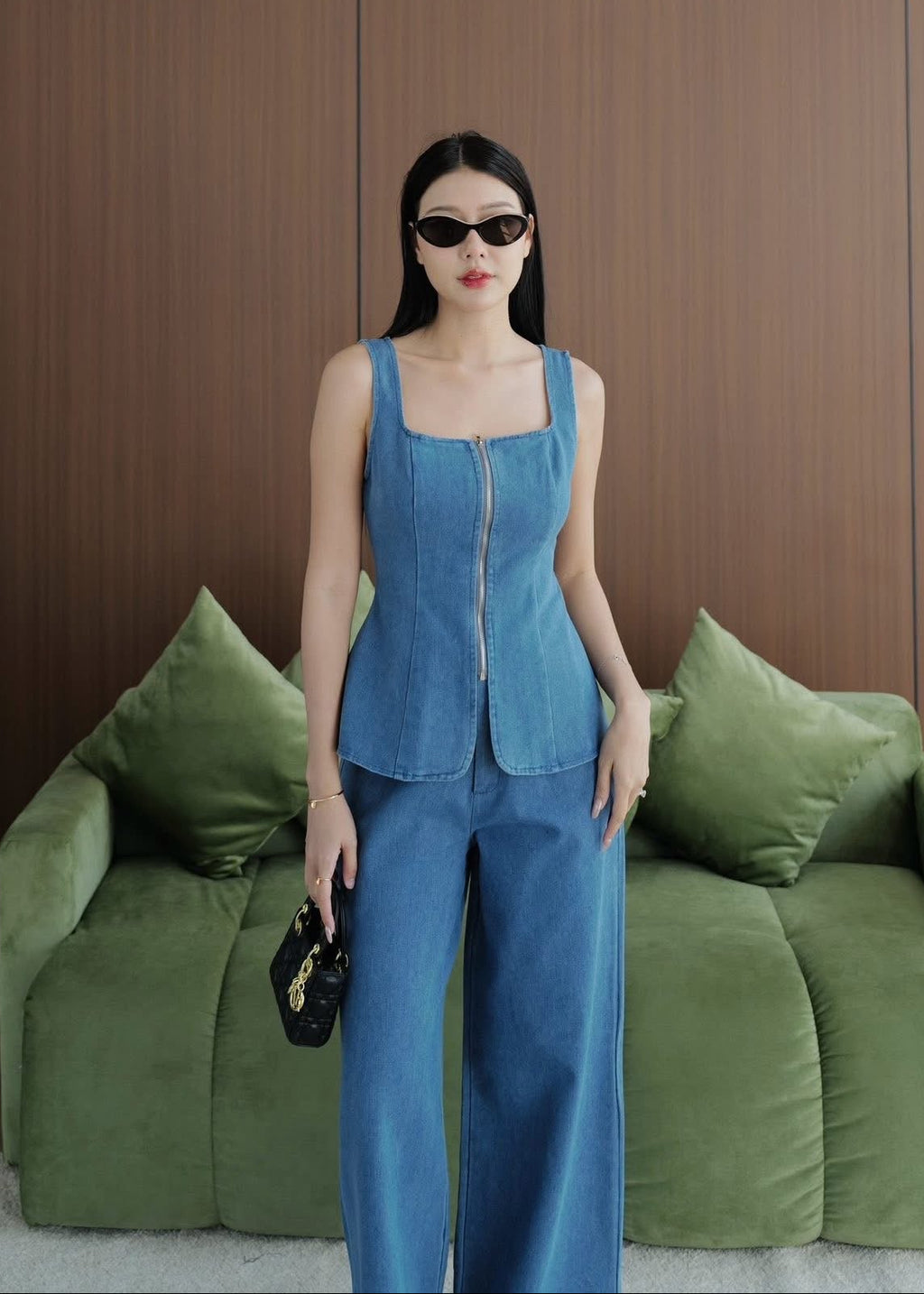 5694 Square Neckline Denim Top Set In Light Blue