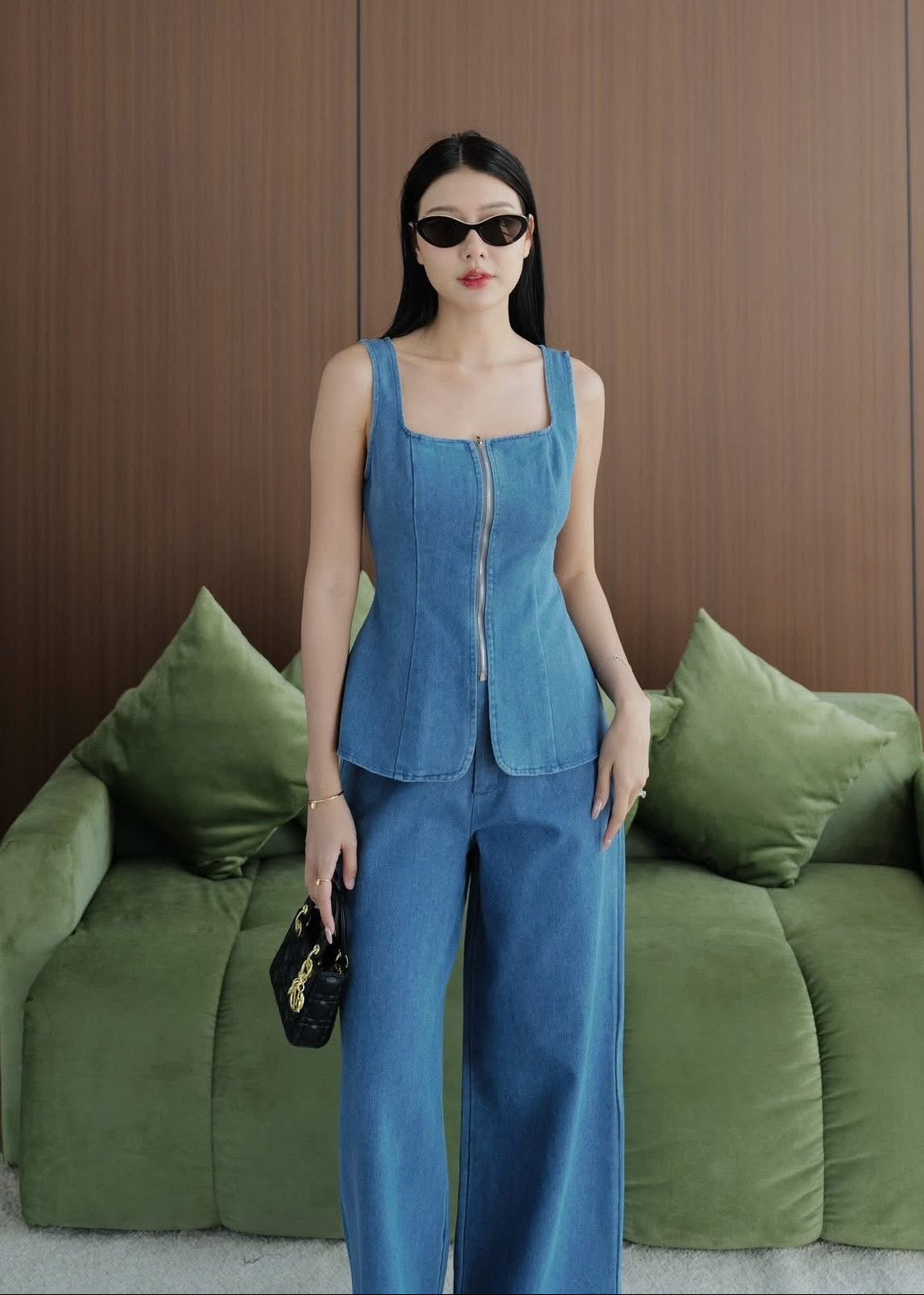 5694 Square Neckline Denim Top Set In Light Blue