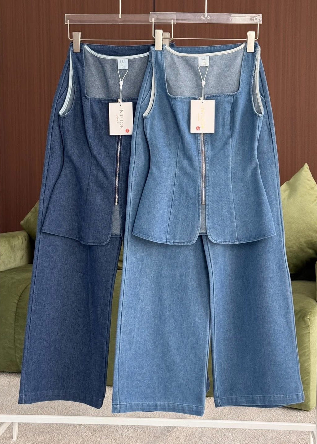 5694 Square Neckline Denim Top Set In Light Blue