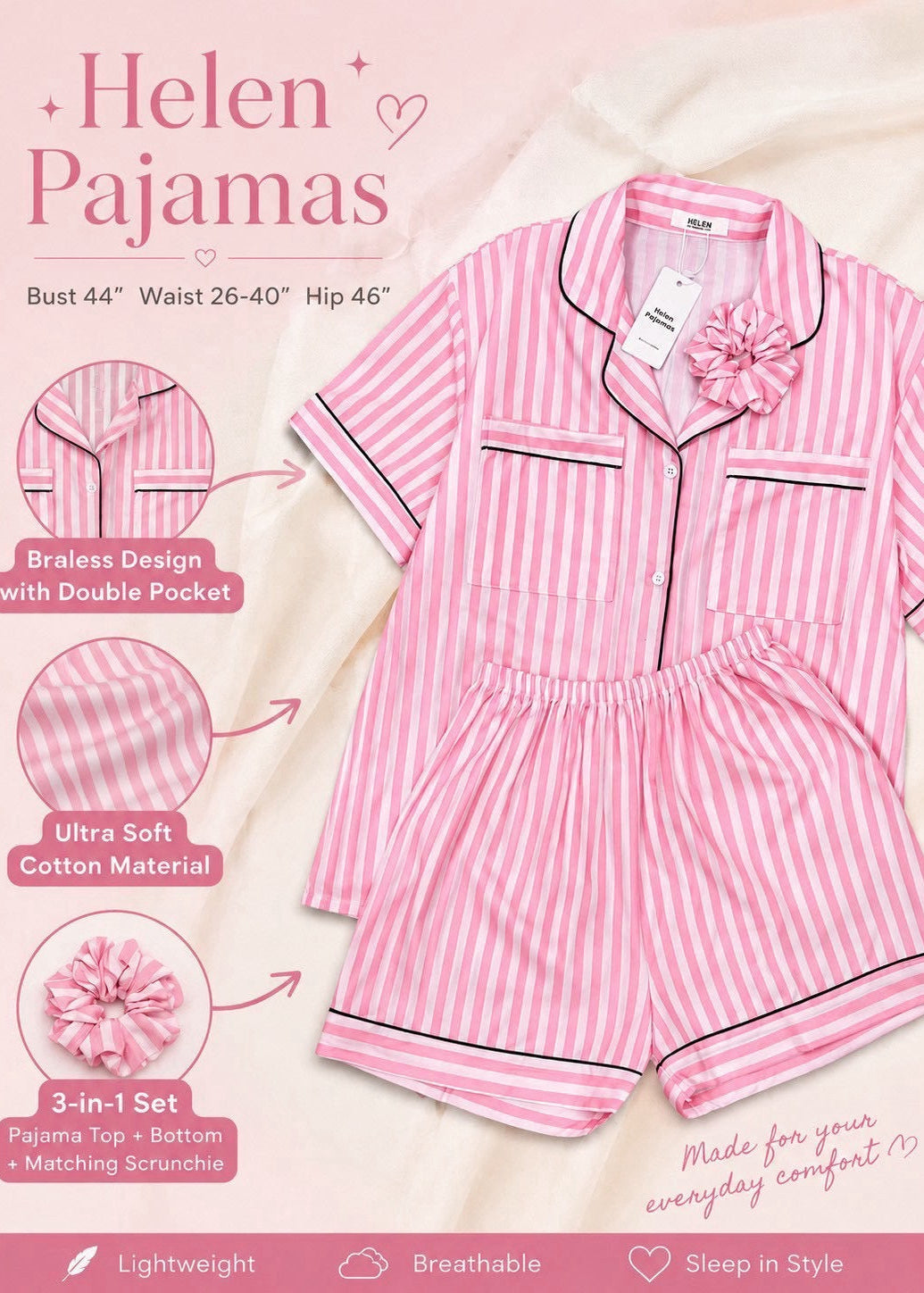PRE-ORDER ITEMS Braless Pajamas Cotton With Scrunchie (Short Short)