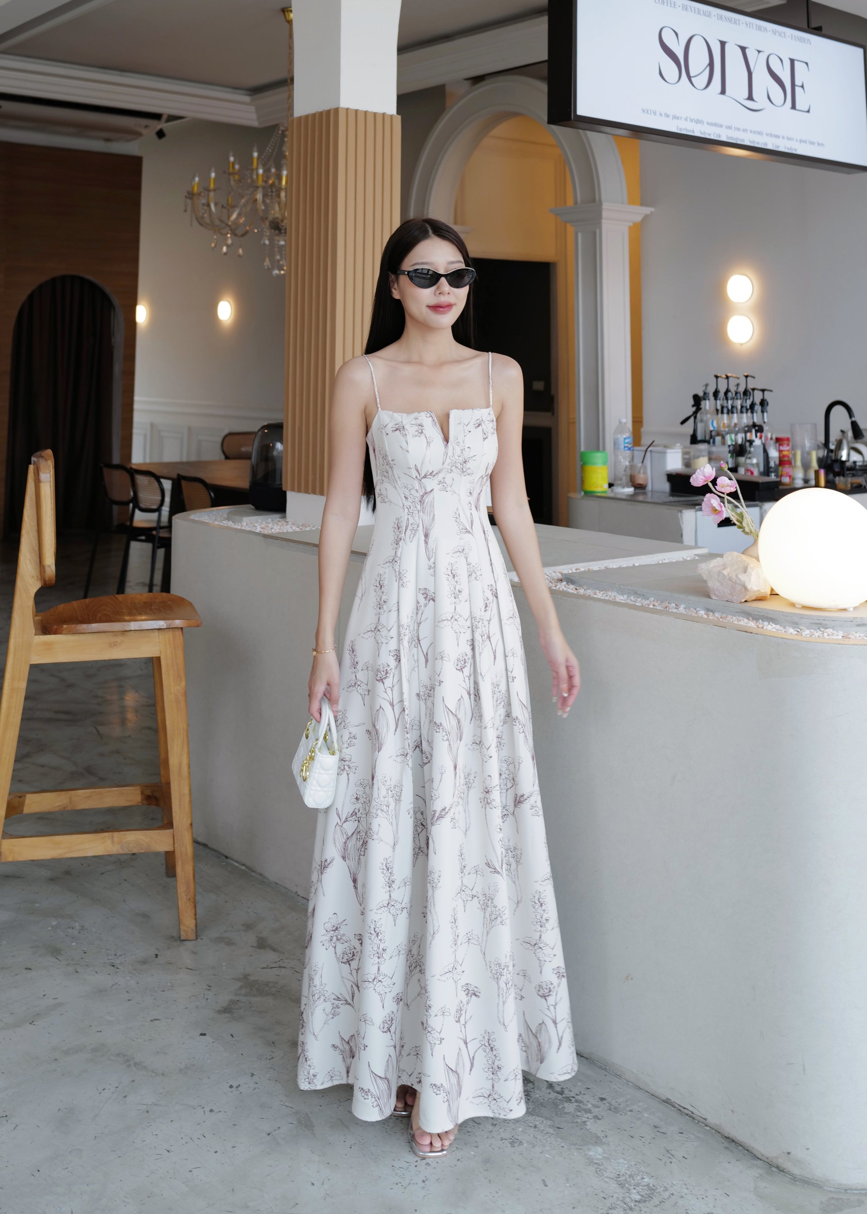 5072 Long Dress In Cream/ Brown Flowers