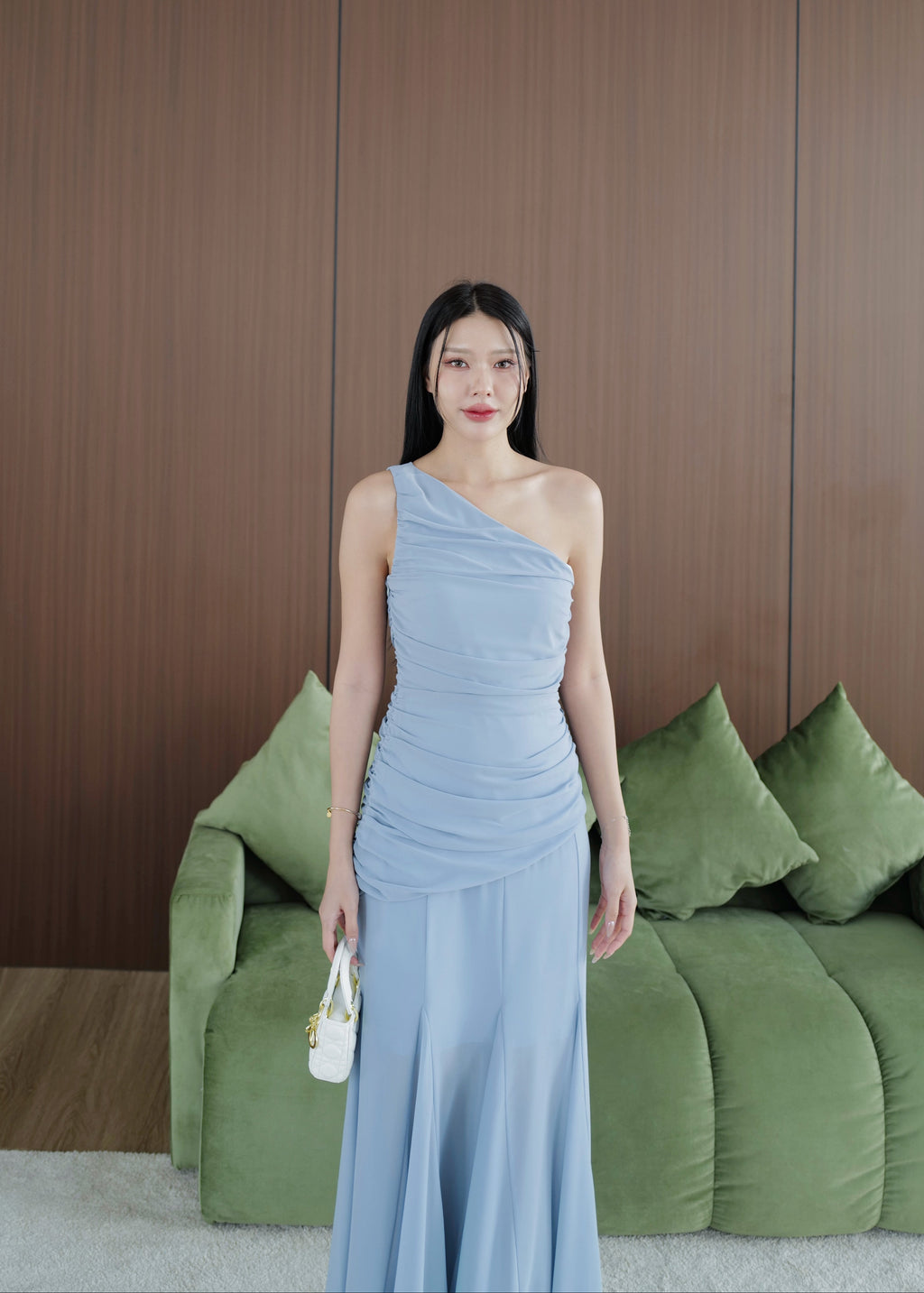 5043 One Shoulder Chiffon Dress In Dusty Blue
