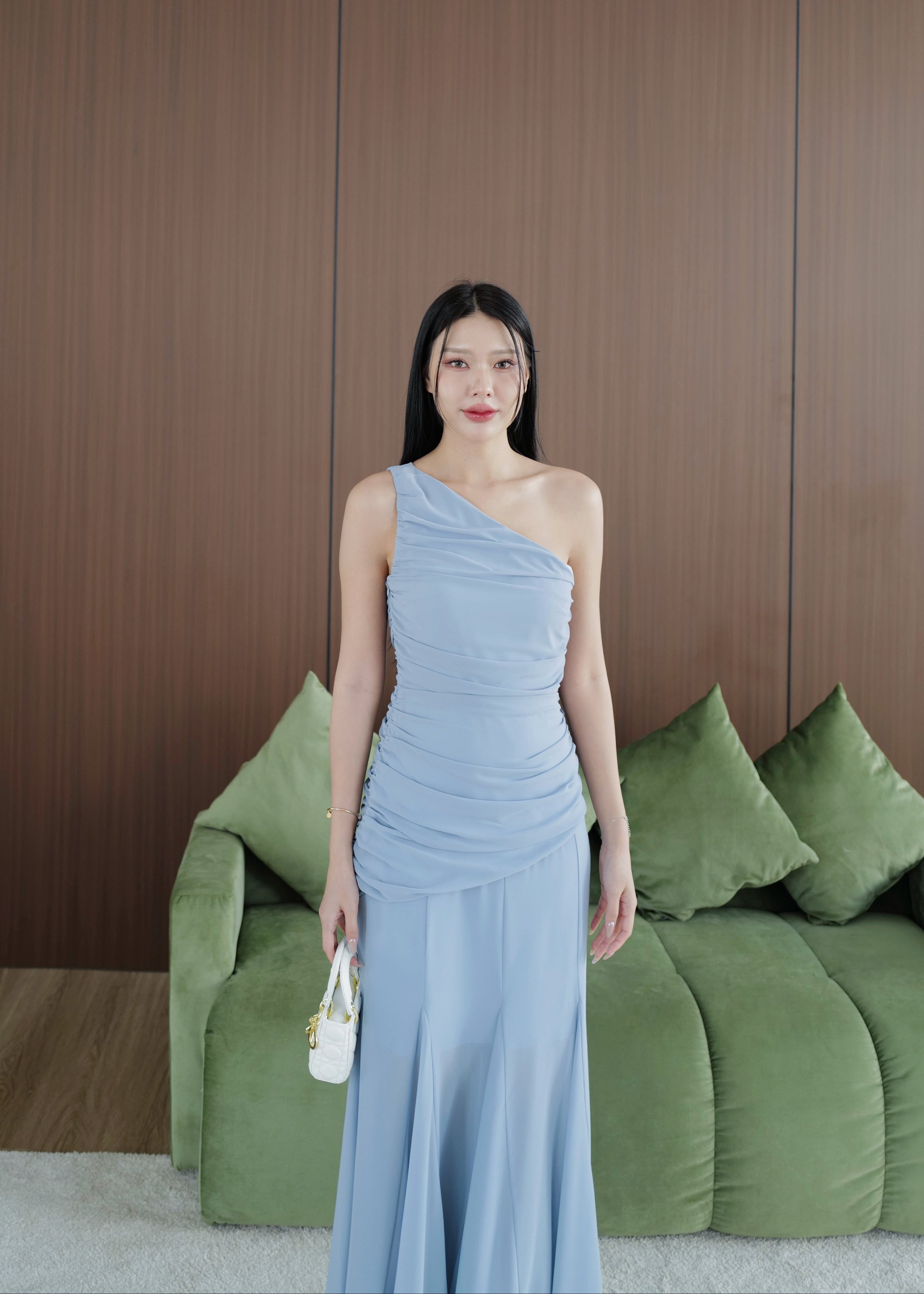 5043 One Shoulder Chiffon Dress In Dusty Blue