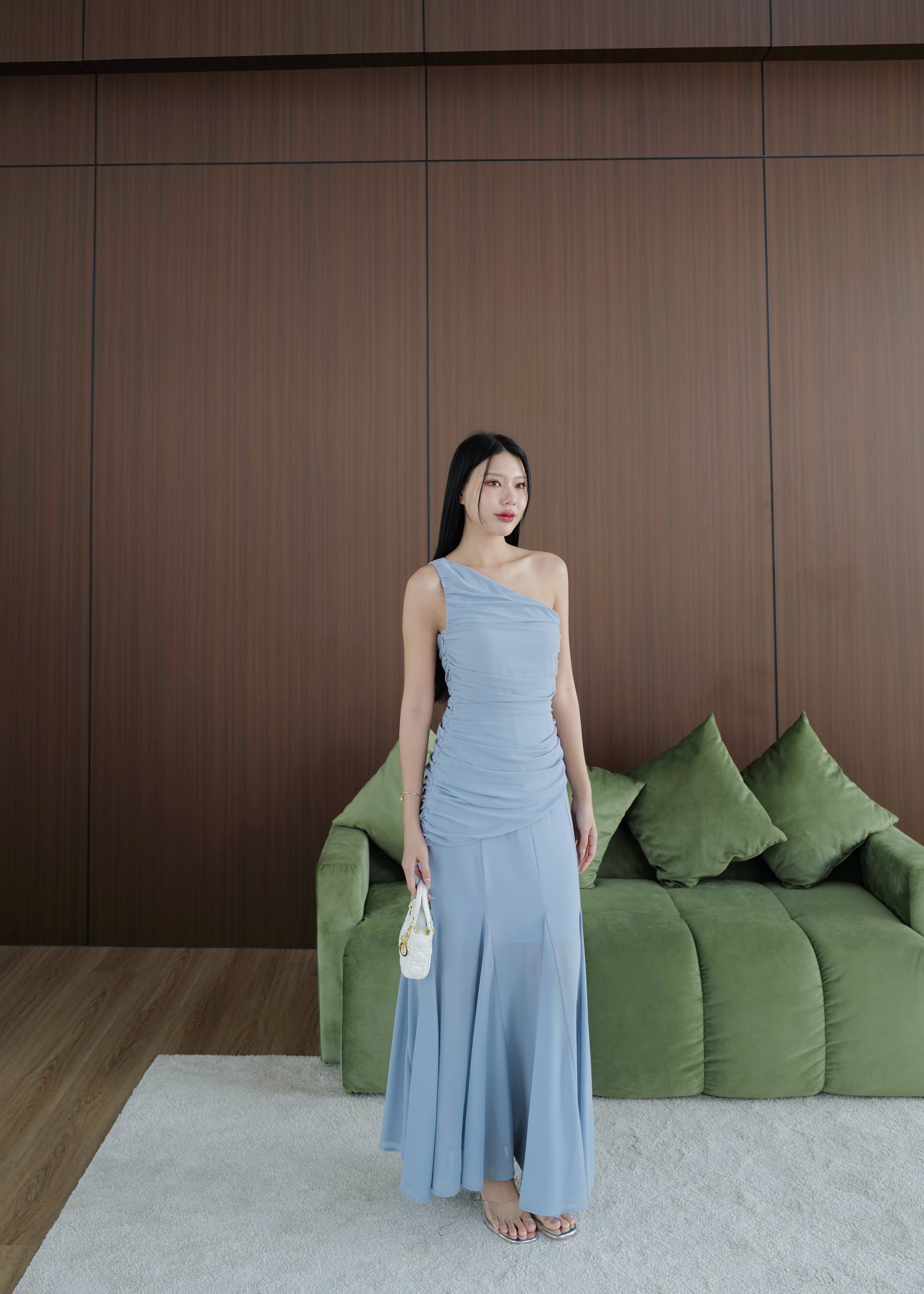 5043 One Shoulder Chiffon Dress In Dusty Blue