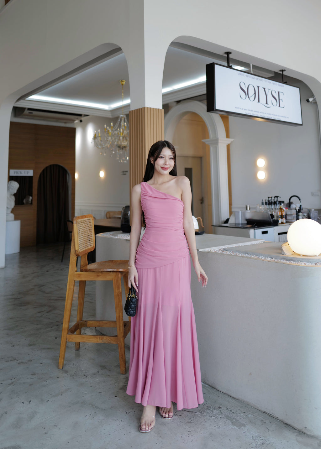 5043 One Shoulder Chiffon Dress In Pink