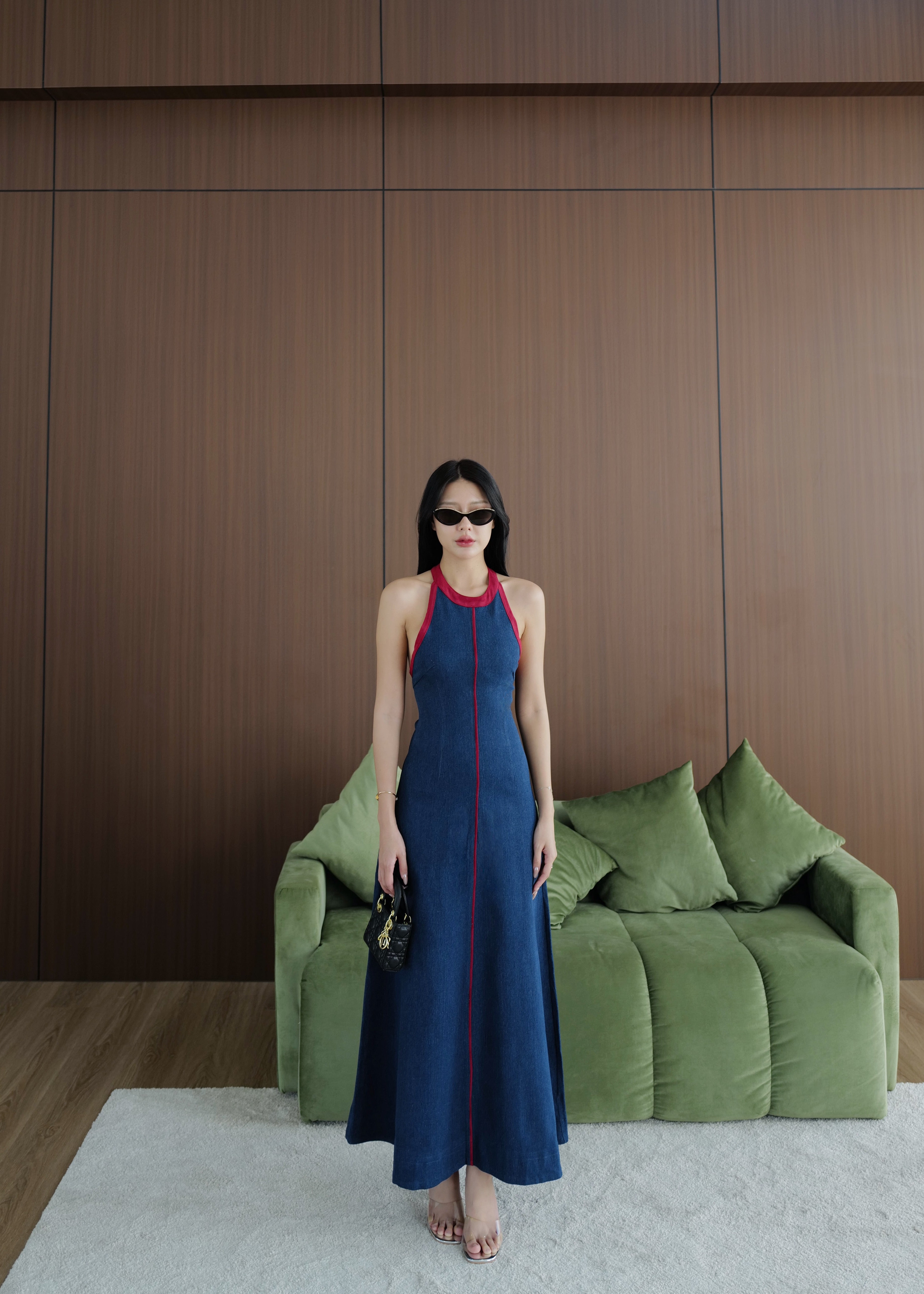 5102 Halter Neck Denim Dress In Dark Blue (Red Line)