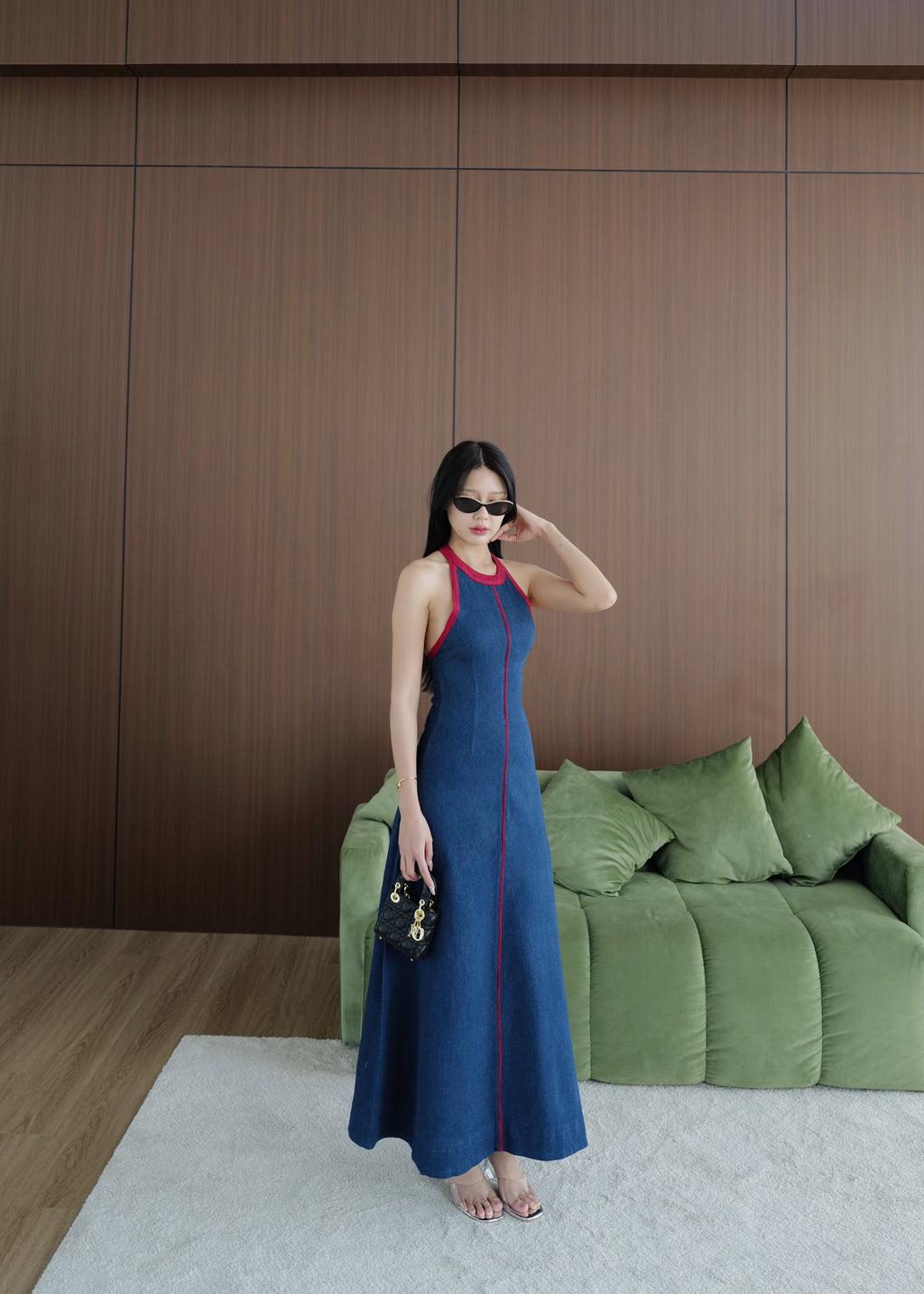 5102 Halter Neck Denim Dress In Dark Blue (Red Line)
