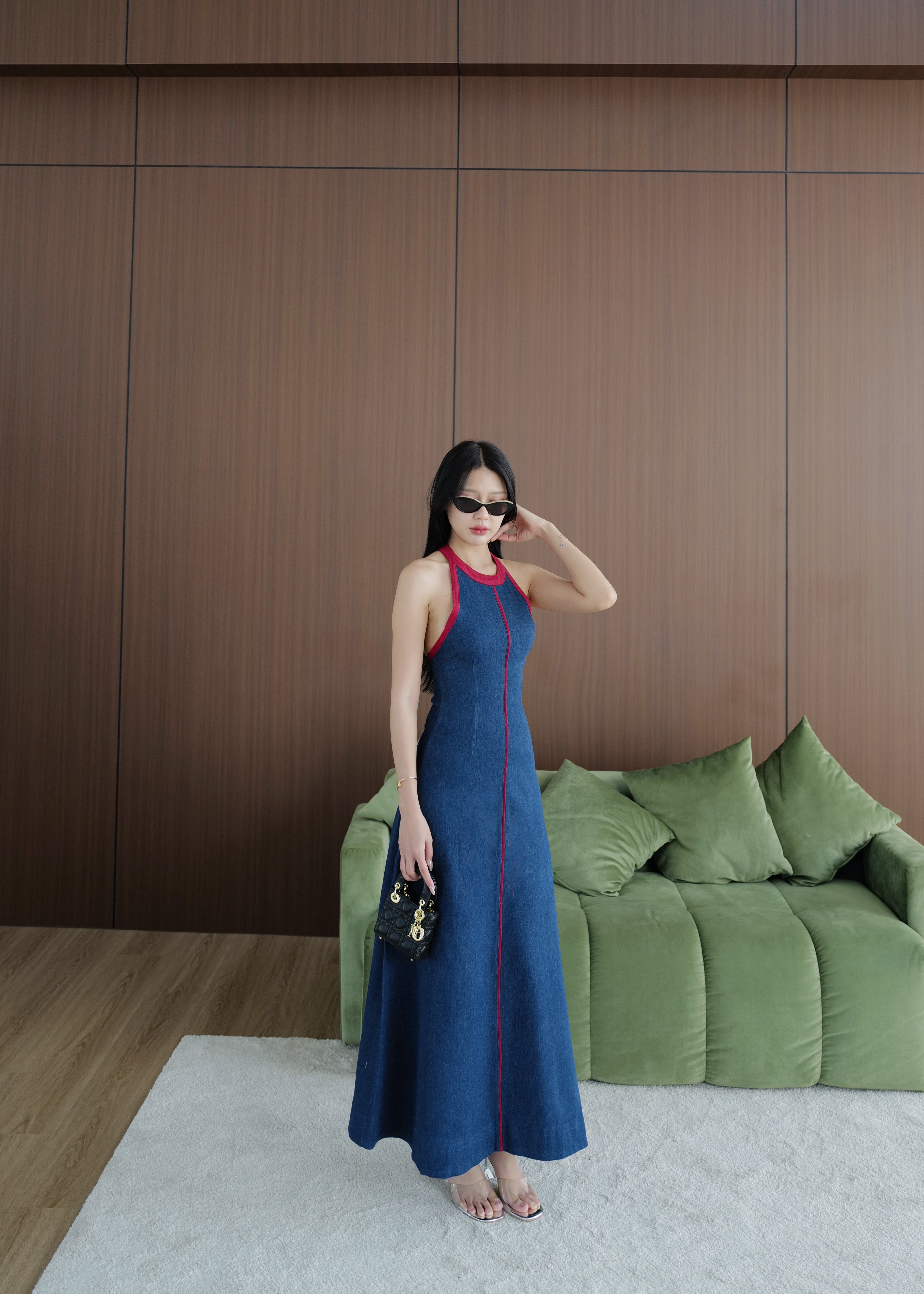 5102 Halter Neck Denim Dress In Dark Blue (Red Line)
