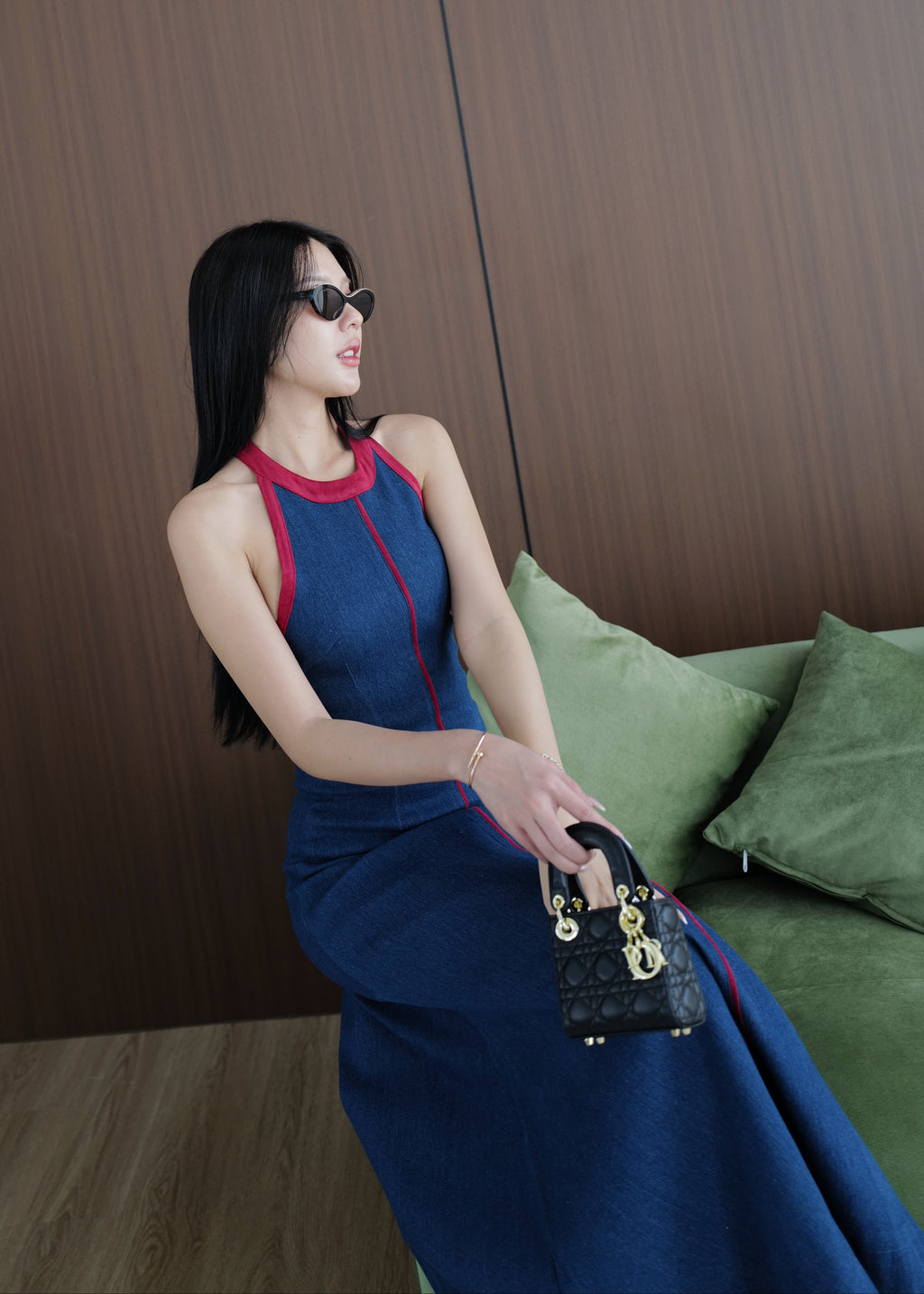 5102 Halter Neck Denim Dress In Dark Blue (Red Line)