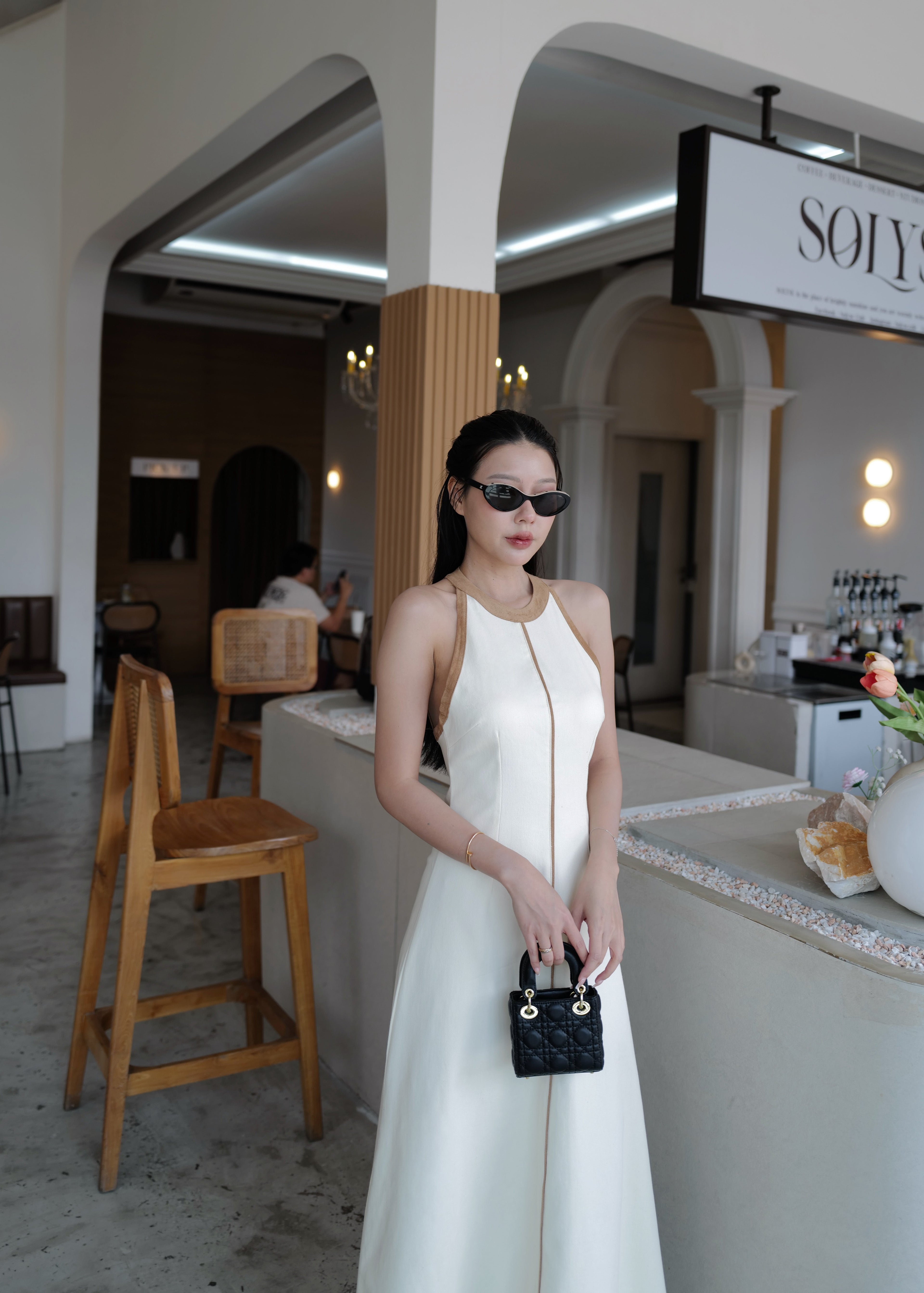 5102 Halter Neck Denim Dress In  Cream (Brown Line)