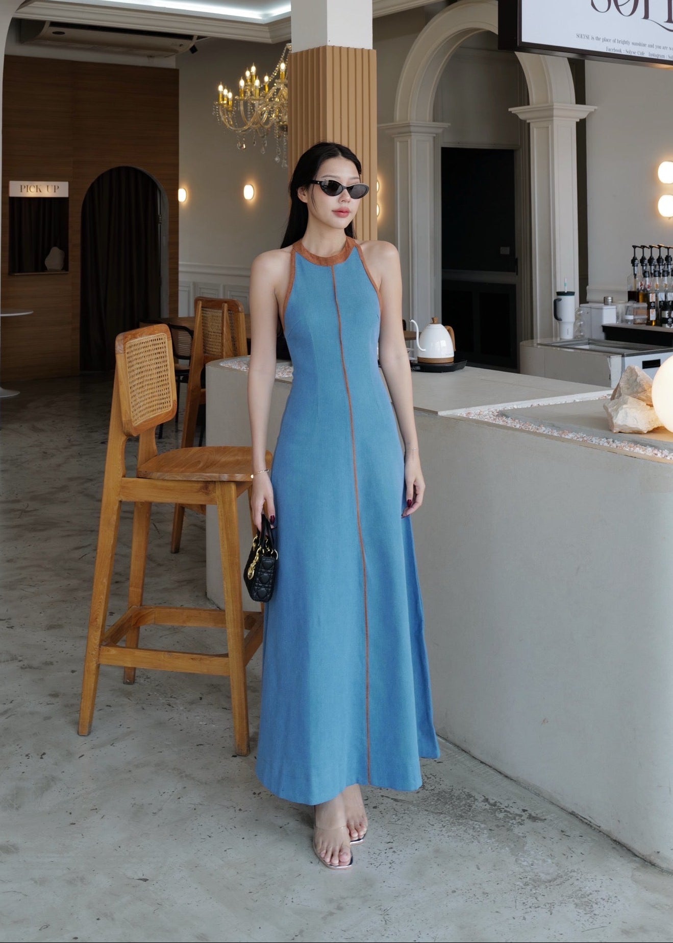 5102 Halter Neck Denim Dress In Light Denim (Brown Line)