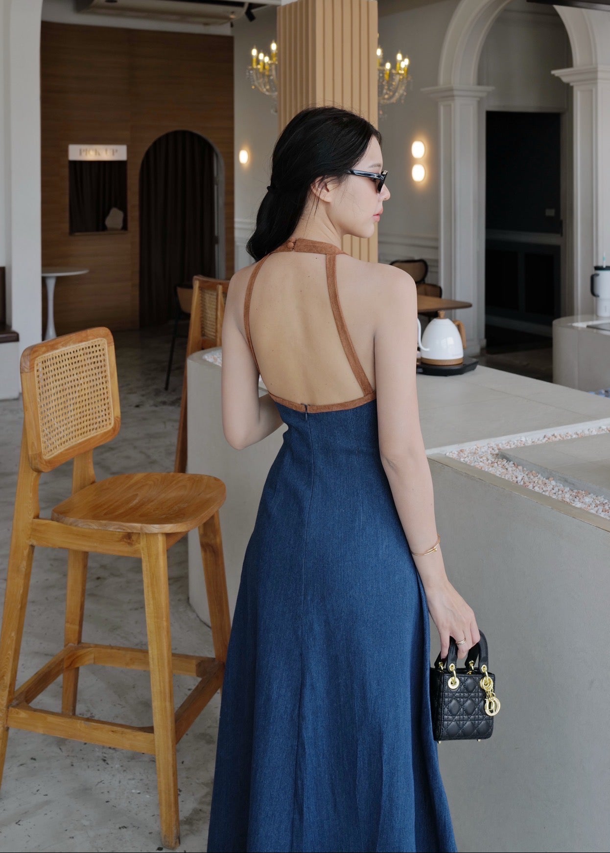 5102 Halter Neck Denim Dress In Dark Denim (Brown Line)