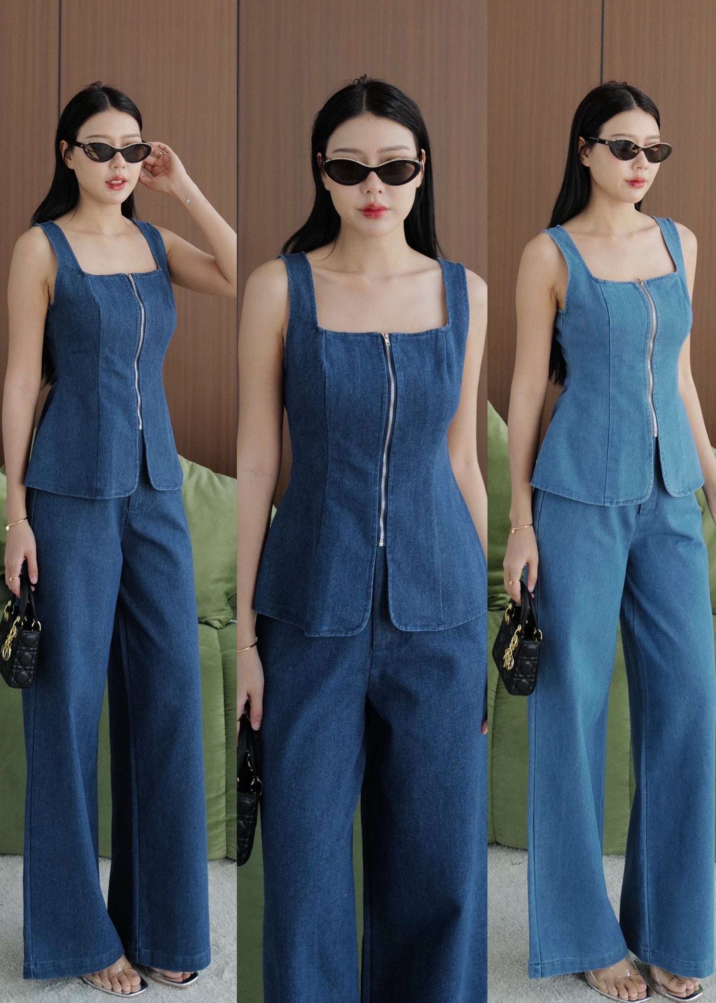 5694 Square Neckline Denim Top Set In Dark Blue