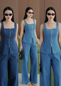 5694 Square Neckline Denim Top Set In Light Blue
