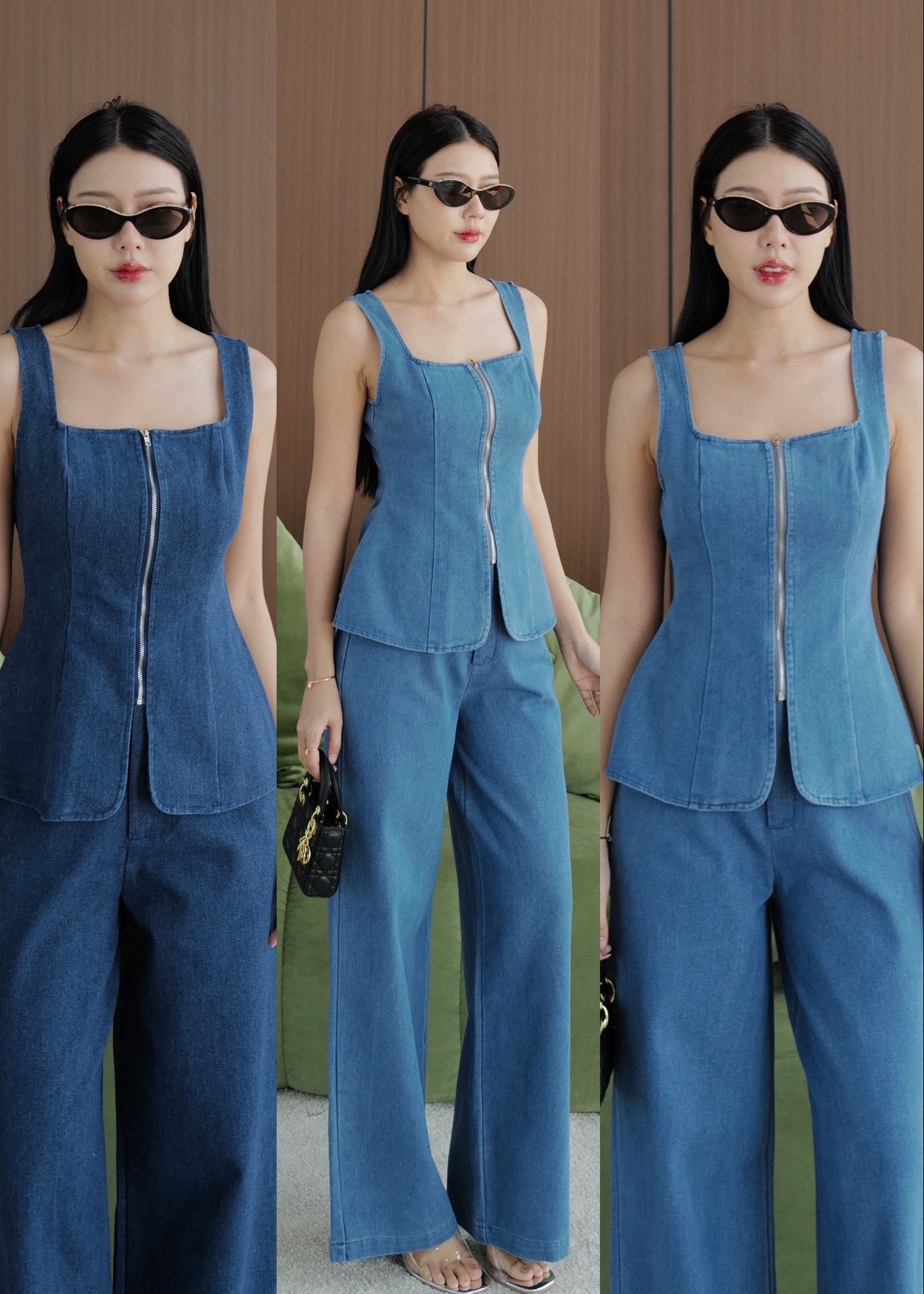 5694 Square Neckline Denim Top Set In Light Blue