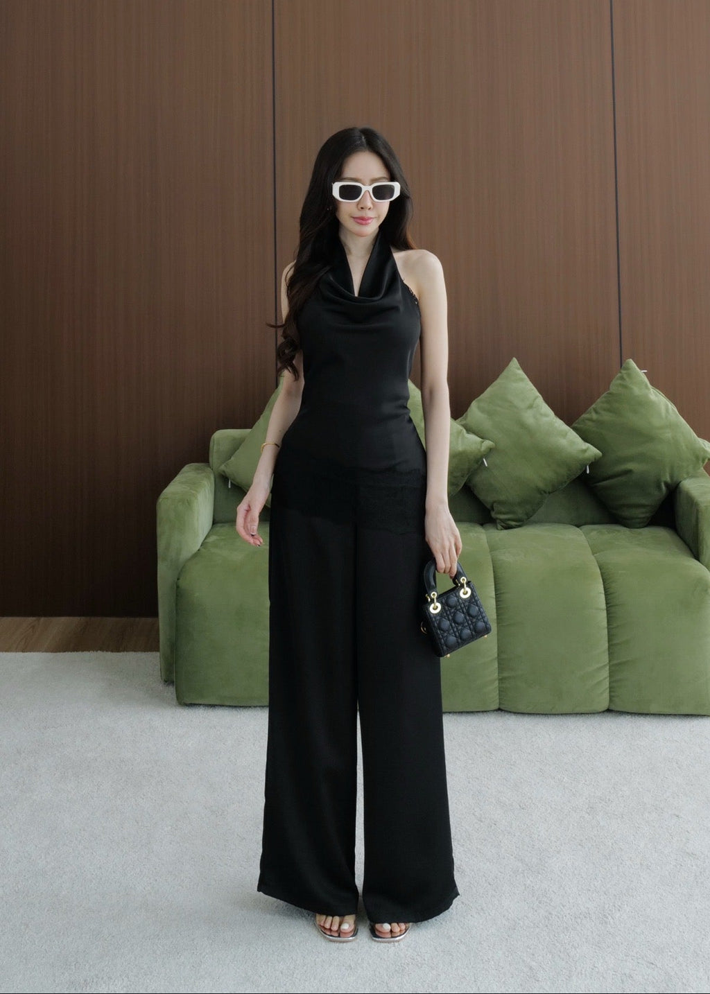 Cowl Neck Satin Set In Black