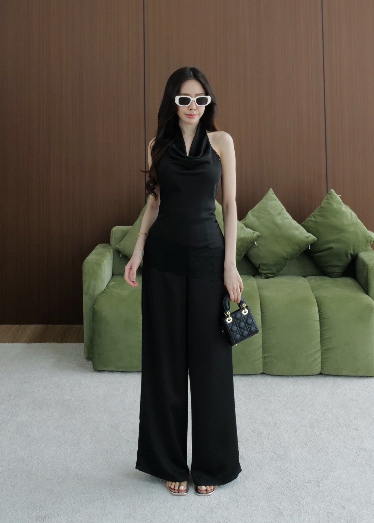 Cowl Neck Satin Set In Black