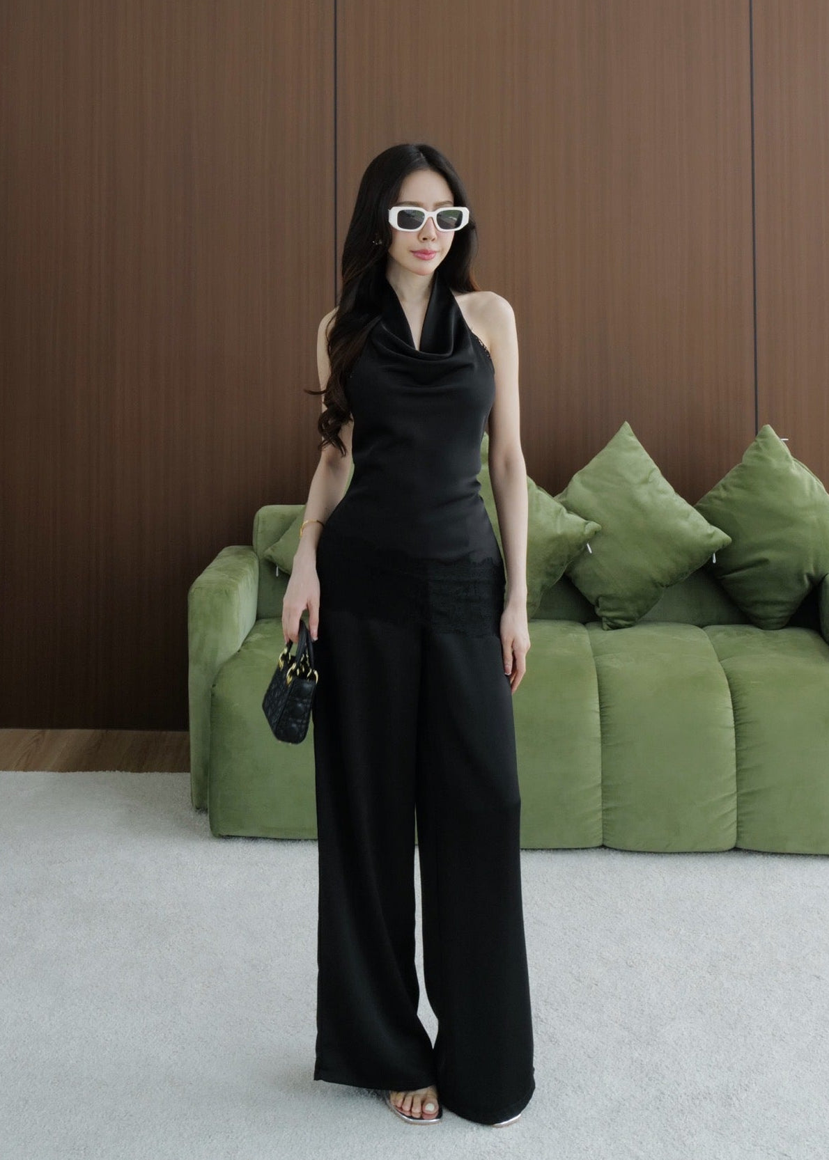 Cowl Neck Satin Set In Black