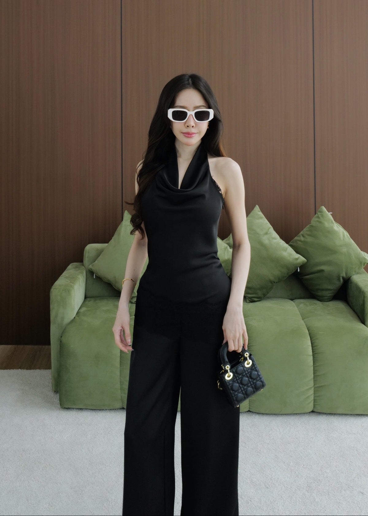 Cowl Neck Satin Set In Black